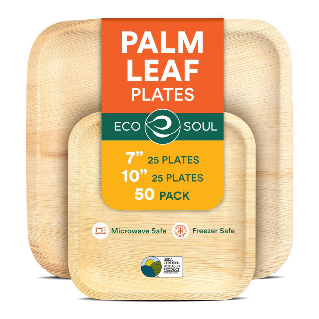 ECO SOUL 100% Compostable 10 Inch & 7 Inch Palm Leaf Plates [50-Pack] I Premium Disposable Plates Set I Heavy Duty Eco-Friendly Bamboo Plates Like I Biodegradable Party Plates Pack