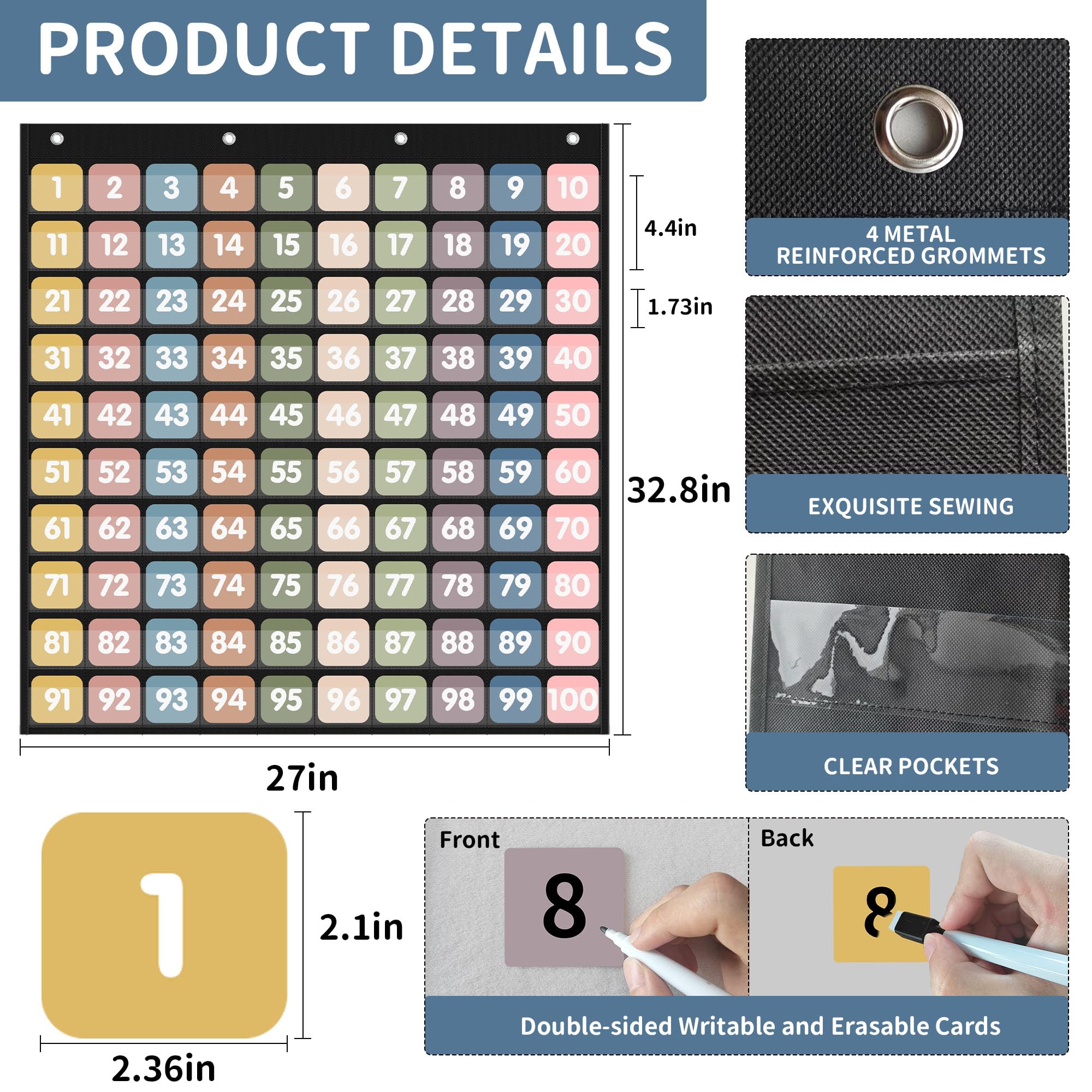 Yoink Boho Hundred Pocket Chart for Classroom, 100 Number Pockets with 120 Double-Sided Counting Cards for Skip Counting Multiplication, Teacher Essentials Supplies for Kindergarten Homeschool (Black)