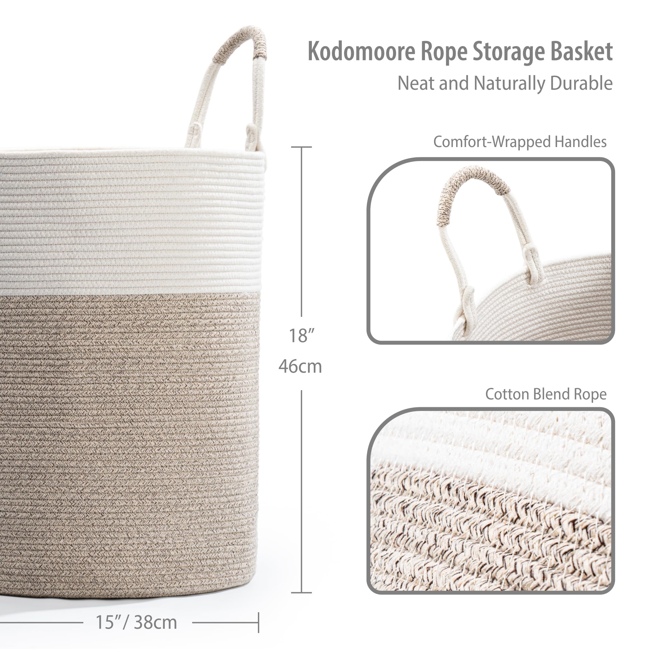 Kodomoore Laundry Basket Hamper – Woven Cotton Rope Nursery Hamper for Clothes, Blankets, Yoga Mat – Boho Basket for Living Room – 15”D x 18”H – White & Beige Brown