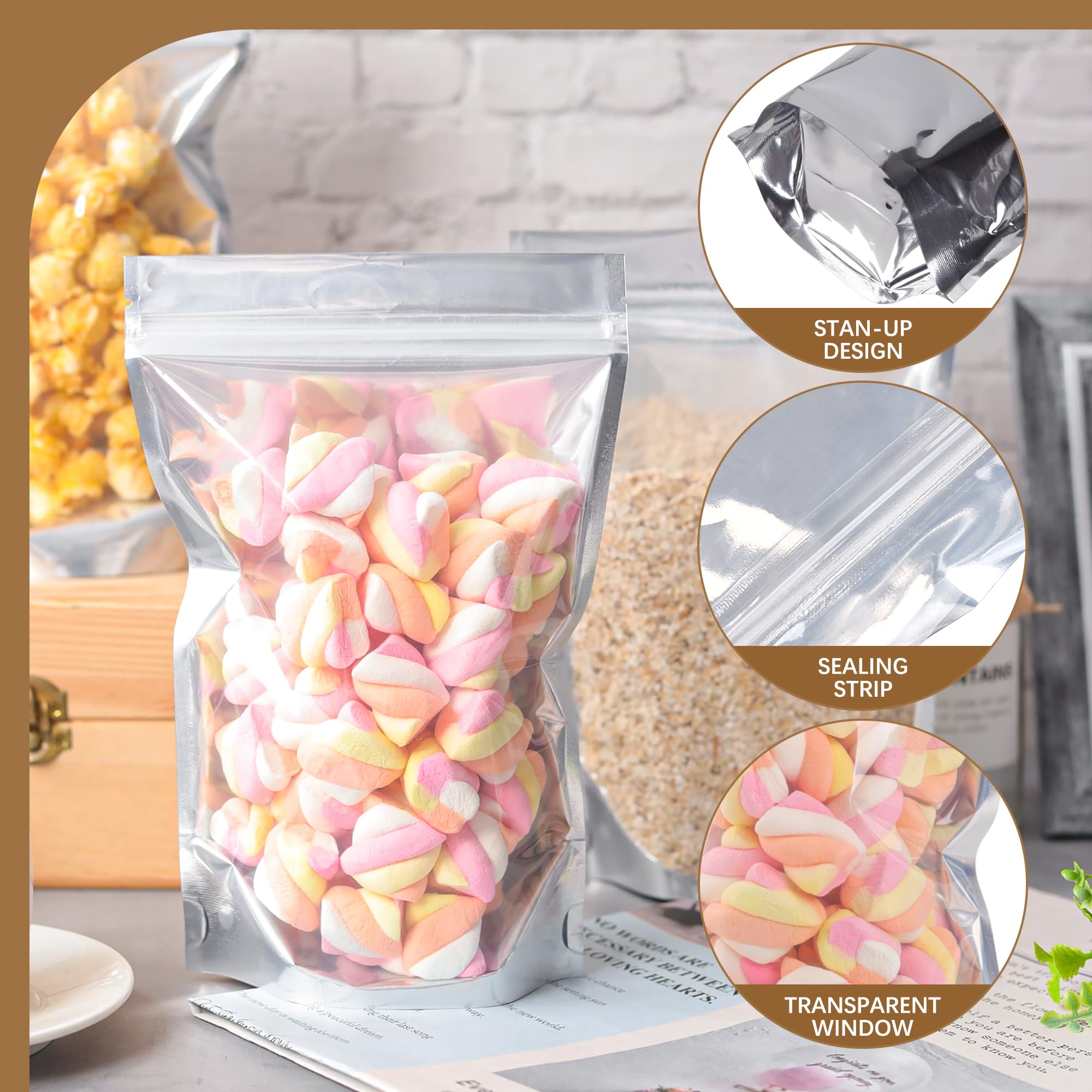 100 PACK Mylar Bags for Food Storage and Resealable Bags for Small Business Packaging Supplies Great for Party Favor Food Storage Bags (Silver,5x8Inches)
