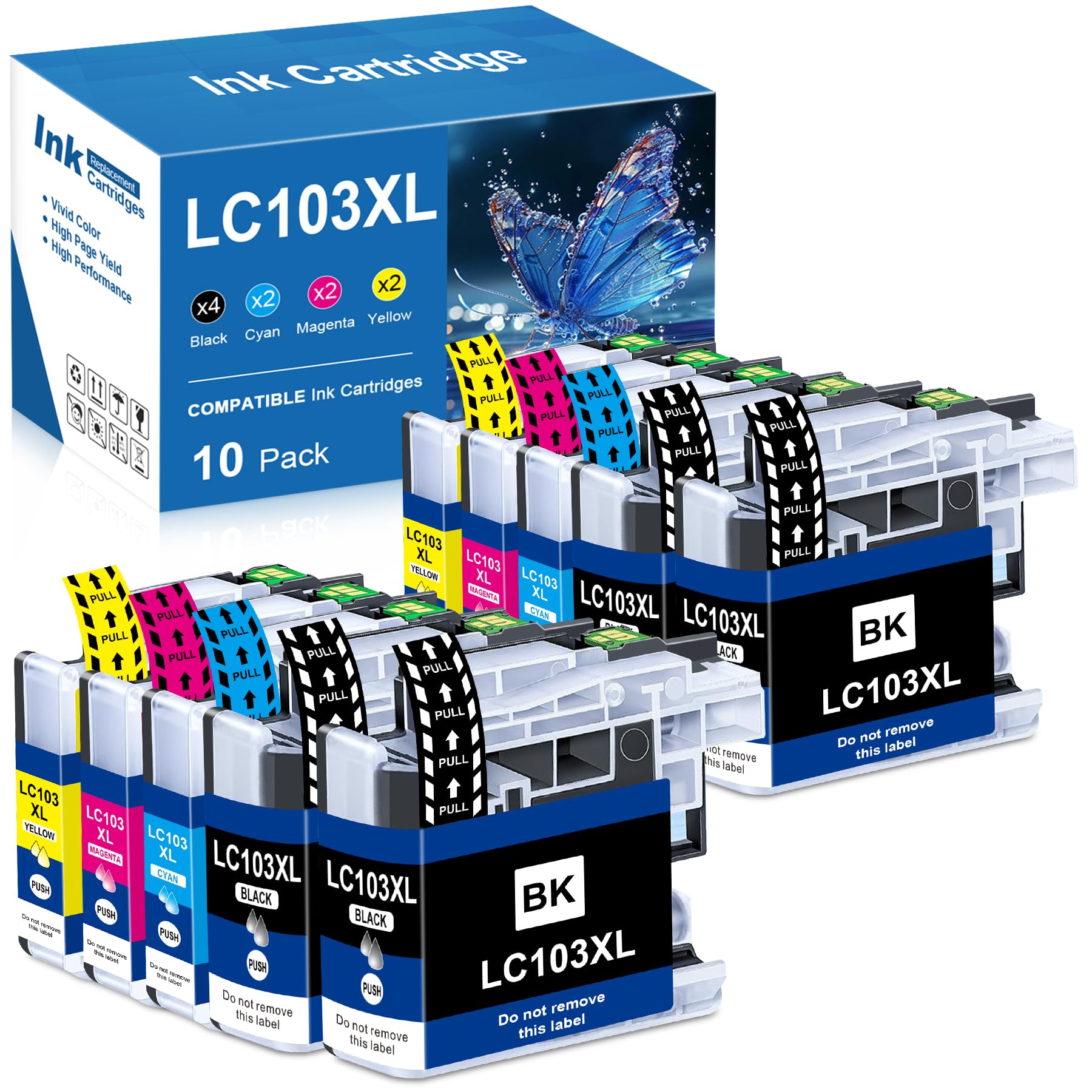 Compatible LC103 Ink Cartridges Combo Pack Replacement for Brother LC-103 103 Ink Cartridges for Brother DCP-J152W MFC-J245 J285DW J450DW J470DW J475DW Printer (10-Pack, 4BK/2C/2M/2Y)