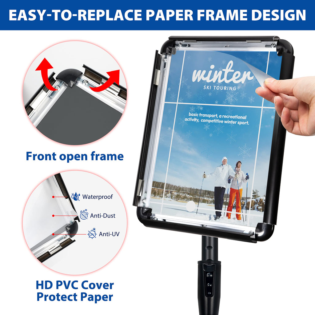 VAIIGO 8.5x11 Inch Adjustable Pedestal Poster Sign Stand, Heavy Duty Floor Standing Sign Holder Stand Aluminum Snap Open Frame for Vertical and Horizontal View Sign Displayed (Black, Round)