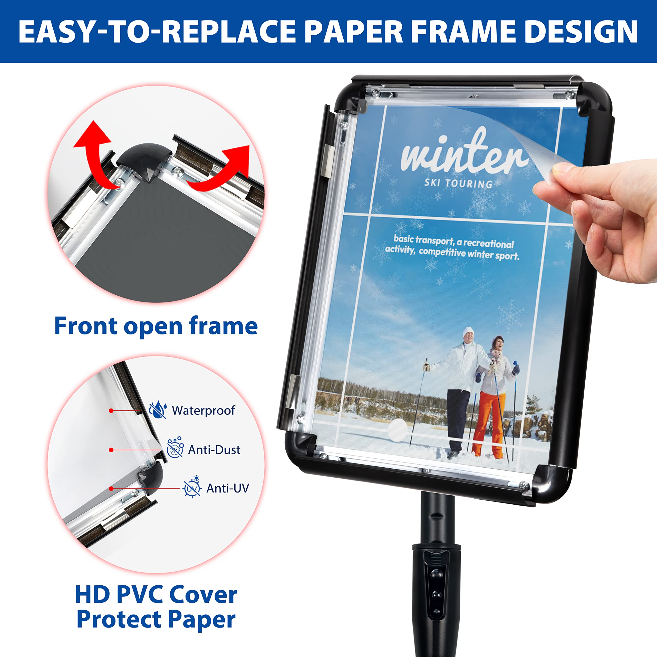 VAIIGO 8.5x11 Inch Adjustable Pedestal Poster Sign Stand, Heavy Duty Floor Standing Sign Holder Stand Aluminum Snap Open Frame for Vertical and Horizontal View Sign Displayed (Black, Round)