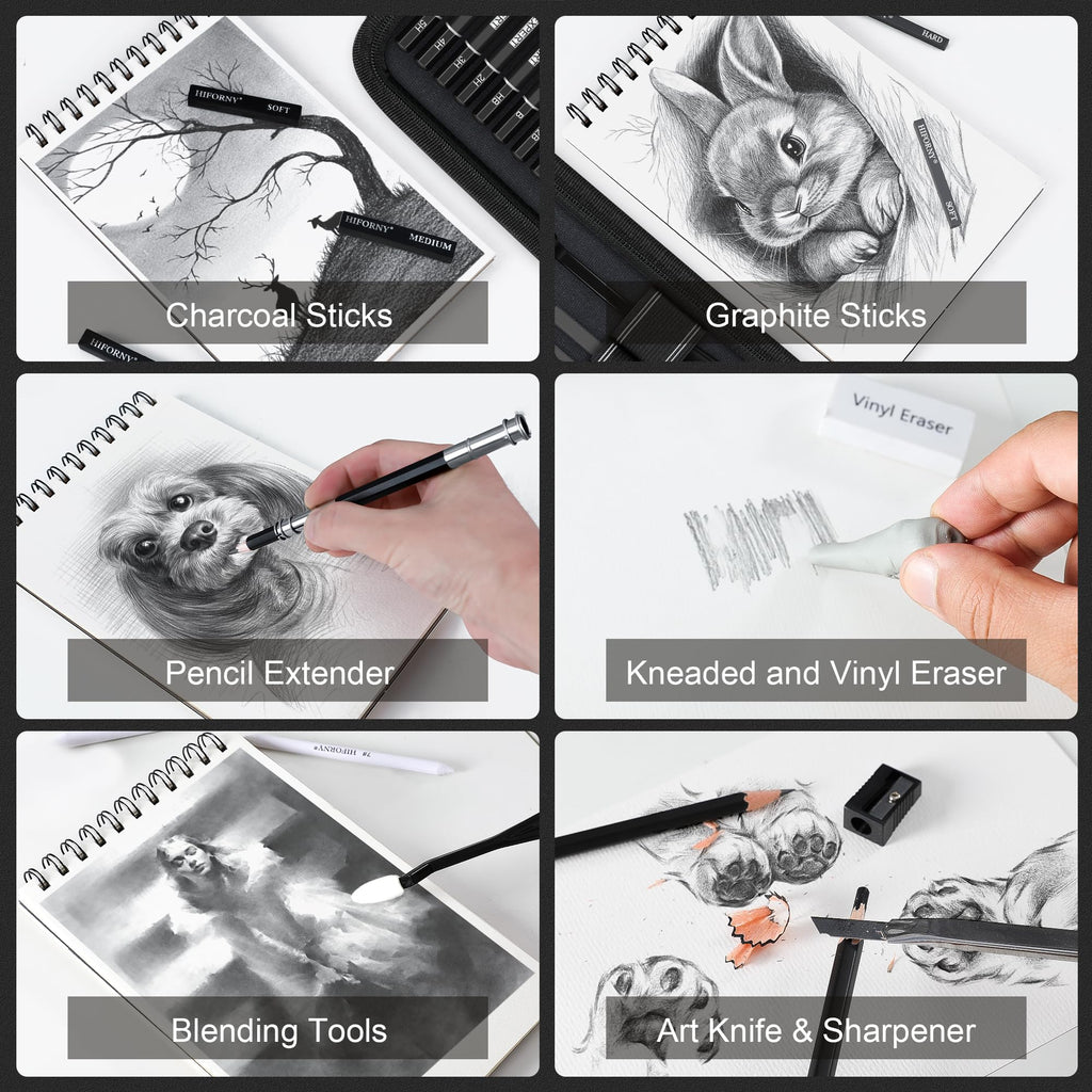HIFORNY 42 PCS Drawing Set, Sketching Kit with Graphite & Charcoal Pencils, Blending Tools, Erasers & Accessories, Portable Zippered Travel Case for Artists & Beginners
