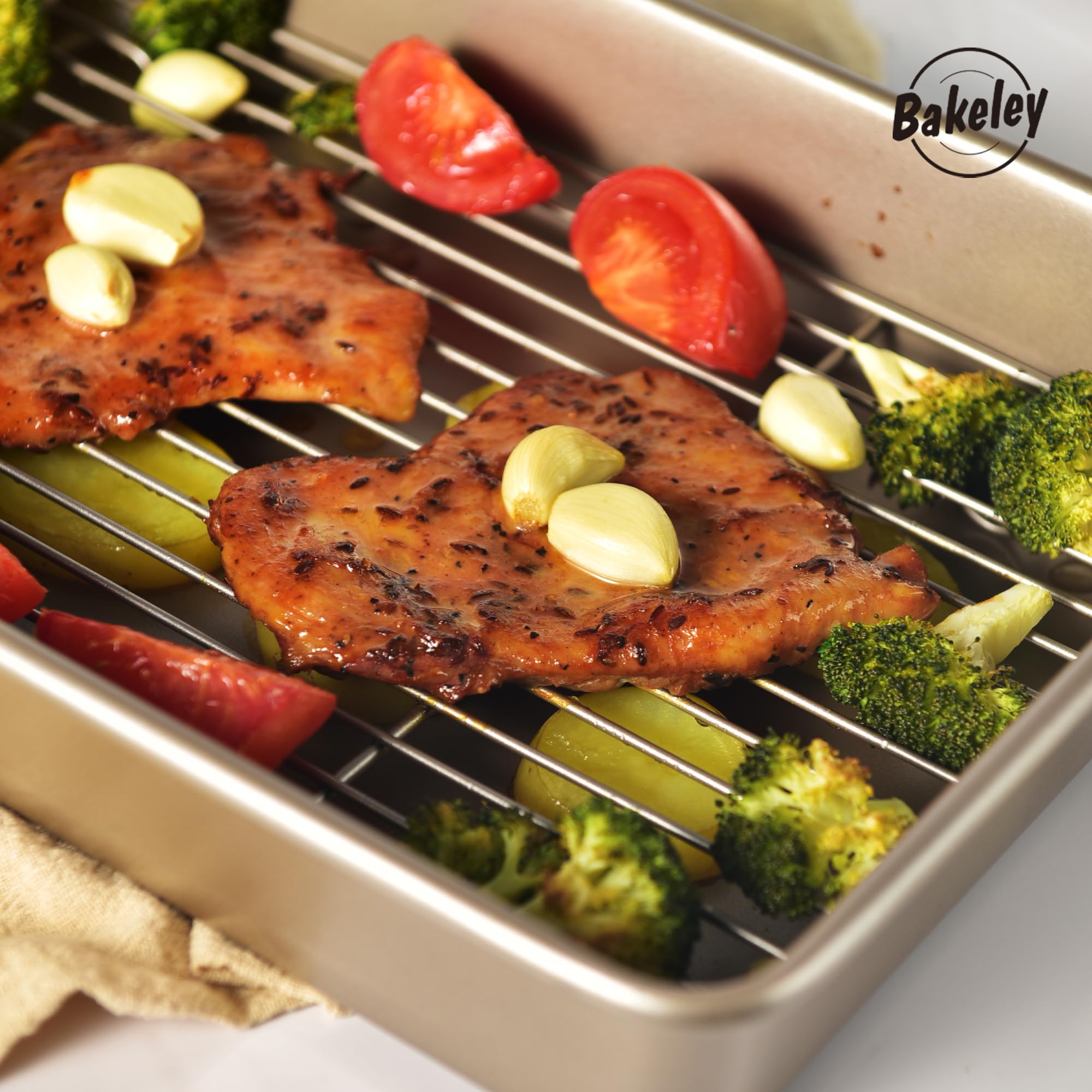 Bakeley 13-inch Baking Sheet Pan with Rack, Non-Stick Rectangular Deep Dish (1 Pan + 1 Rack), Oven-BBQ Bakeware for Oven Baking 13.78" x 9.84" x 2.36" (Champagne Gold)
