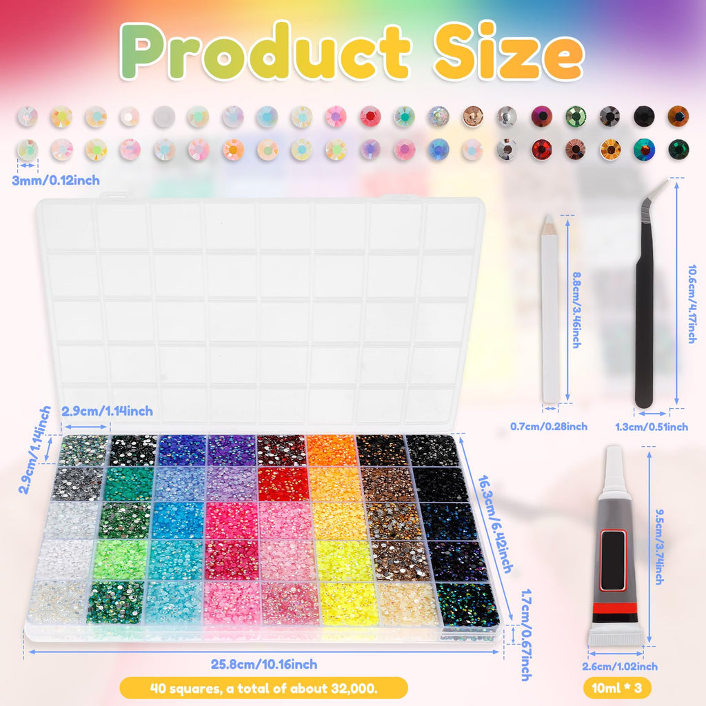 40 Colors Resin Jelly Rhinestones for Bedazzling Kit 32000 Pcs 3mm Flatback Rhinestones with Tweezers Pen 3Pcs B7000 Glue Bedazzling Gems Rhinestone Kit for Clothing Shoes Nail Cups DIY Crafts