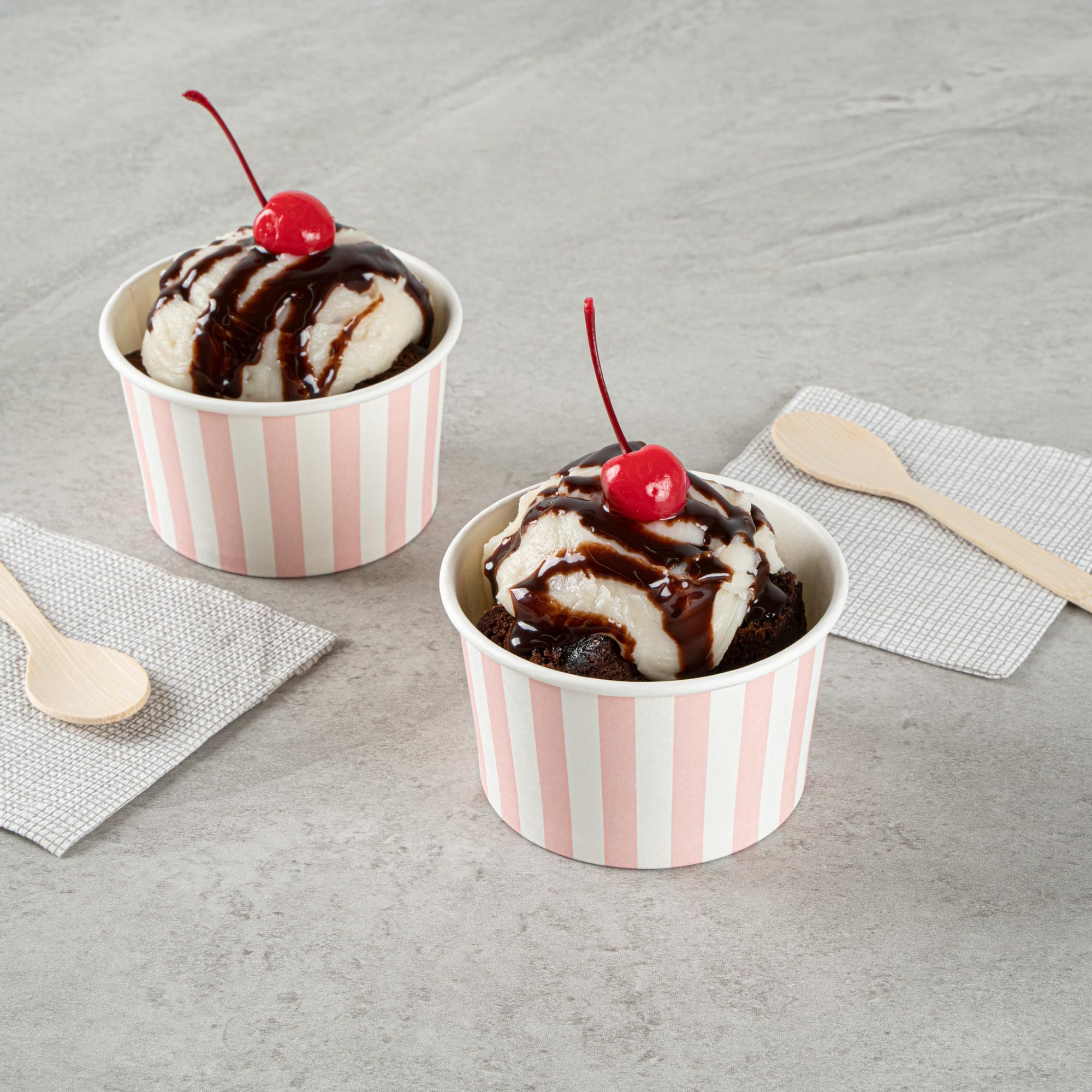 Coppetta 5-Ounce Dessert Cups, 50 Disposable Ice Cream Cups - Lids Sold Separately, Striped, Pink and White Paper FroYo Bowls, for Hot and Cold Foods, Perfect for Gelato Or Mousse - Restaurantware