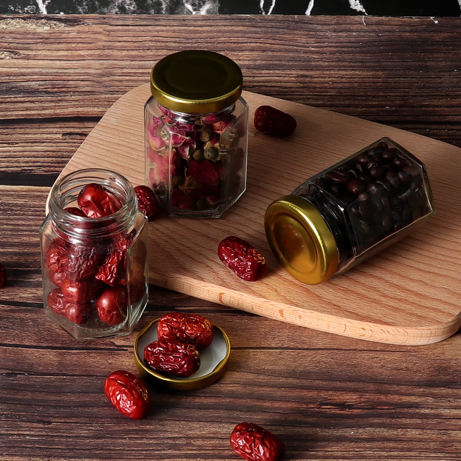 Keketin 4oz Hexagon Glass Jam Jar with Gold Lids,12pcs Canning Jars for Jams,Spice,Sauces,Candy,Food Storage,Wedding Favors or Art Crafts