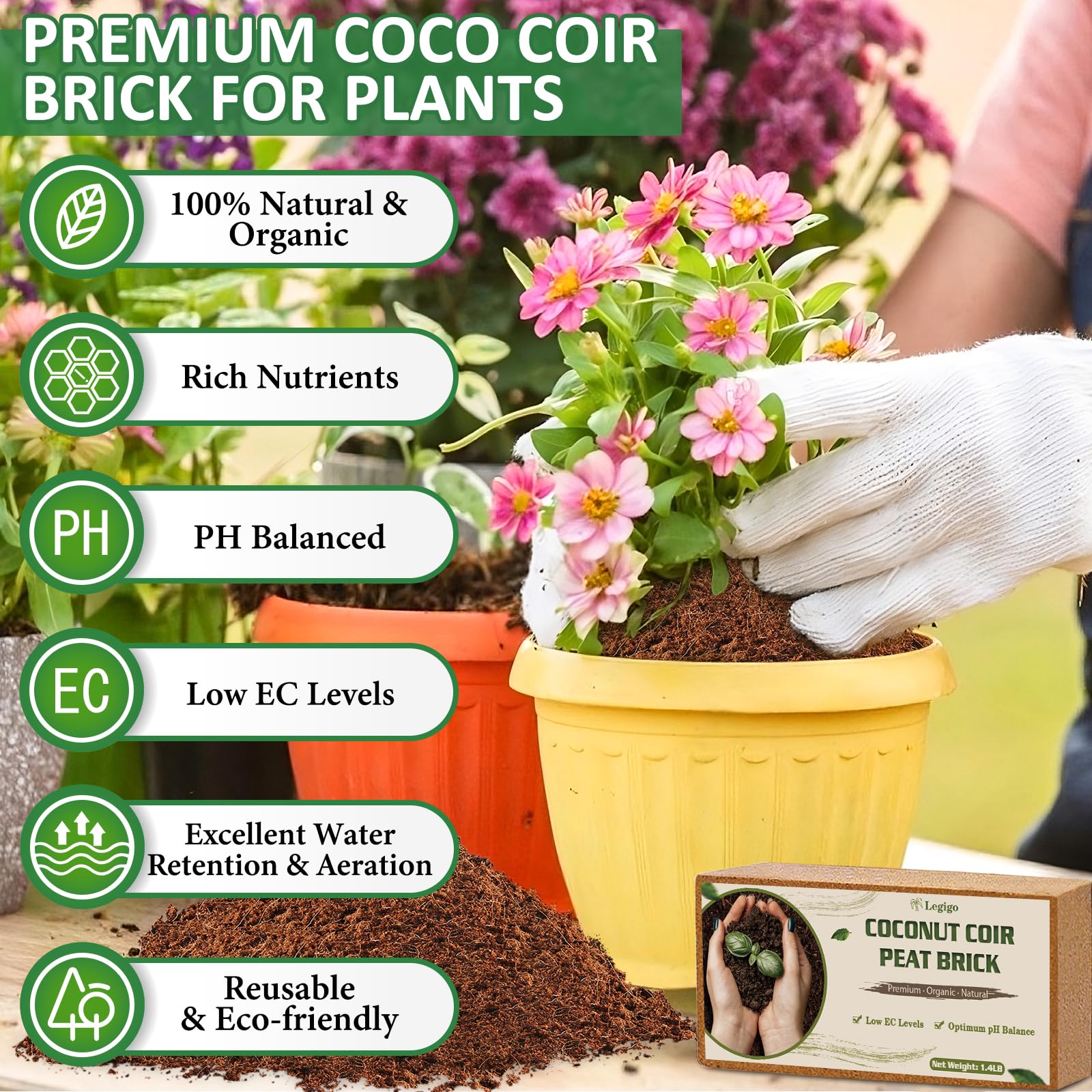 Legigo 2 Pack Premium Coco Coir Brick for Plants- 100% Organic Compressed Coconut Coir Fiber Bricks Starting Mix, Coconut Husk for Planting, Gardening, Potting Soil Substrate, Herbs