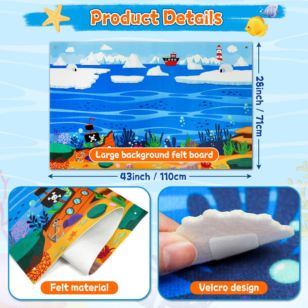 Taika 70 Pcs Ocean Creatures Felt Story Board Set, 43x28 inch Flannel Board, Fuzzy Felt Set, Preschool Storytelling, Classroom Educational Learning Play Kit, Interactive Teaching Kit for 4+