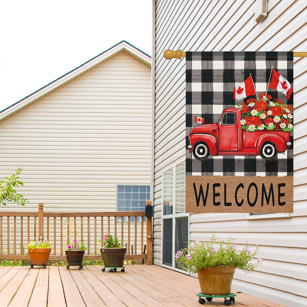 Louise Maelys Patriotic Spring Garden Flag 28x40 Double Sided Vertical, Burlap Small Red Truck Floral Farmhouse Yard House Outside Outdoor House Canadian Flag Day Decoration (ONLY FLAG)