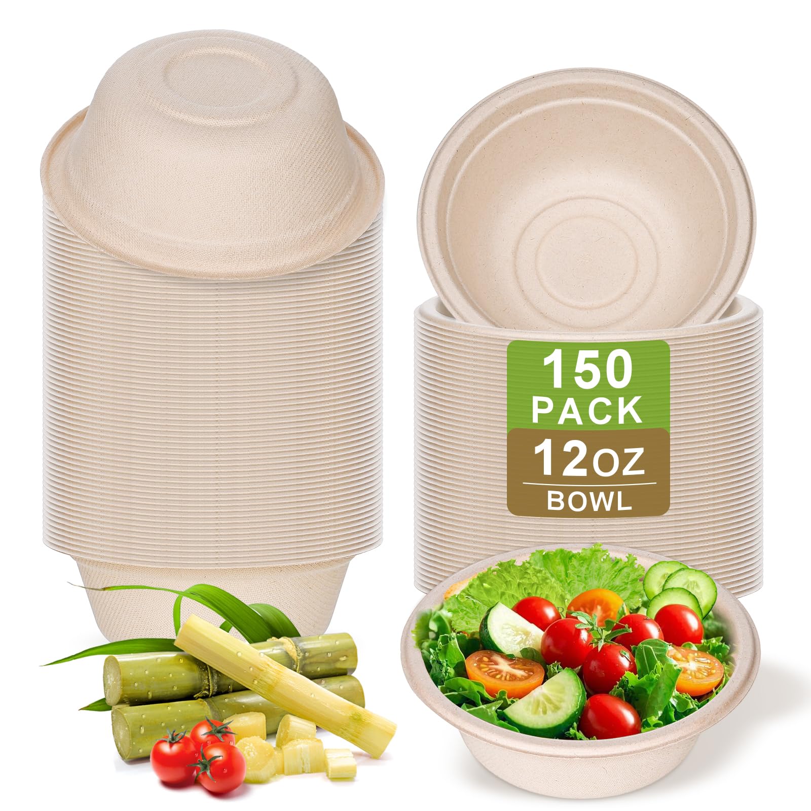 150 Pack 12 OZ Paper Bowls, Compostable Biodegradable Disposable Soup Bowls Bulk Heavy-Duty Round Eco-Friendly Sugarcane Bowls Hot Cold Food Serving Plates and Bowl for Salad, Dessert, Chili for Party