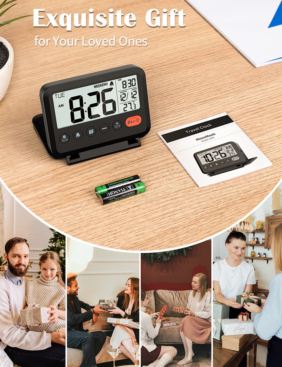 MeesMeek Digital Travel Alarm Clock: Small Bedside LCD Clock with Date Temperature Snooze Backlight 12/24H Weekend Mode and 2 Volume, Desk Clock for Kids Office Bedroom, Battery Included (Black)