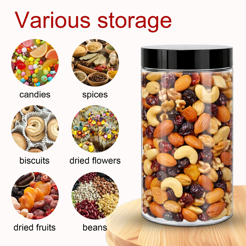 20 Pack Clear Plastic Jars with Black Lids, 14oz Wide Mouth Round Clear Stackable Cosmetic Container with Labels & Pen Empty Food Jars for Kitchen Storage Spices Beauty
