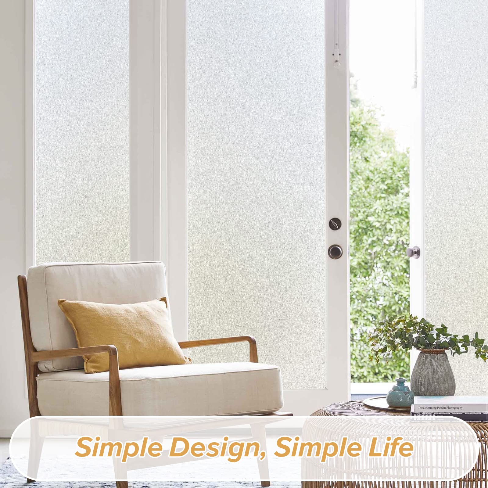 rabbitgoo Window Films for Privacy Frosted Glass Film with Backing Grid Lines Non-Adhesives Privacy Sticker Static Cling Window Covering Decals for Home Office Bathroom Door 60 x 200cm, Pure Frosted