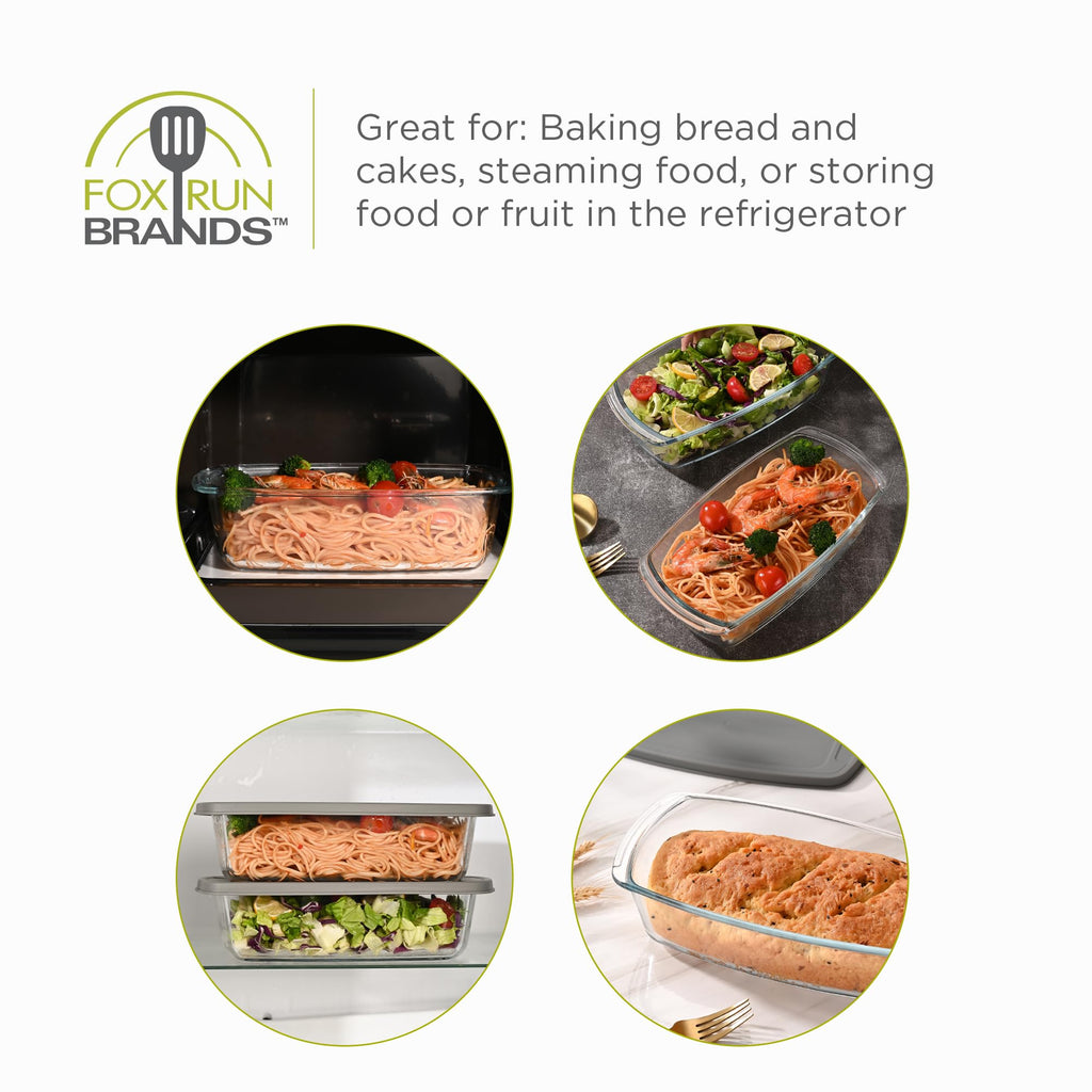 Fox Run Glass Loaf Pans with Lids, Set of 2 Storage and Baking Dishes, 5.75" x 11" x 2.9"