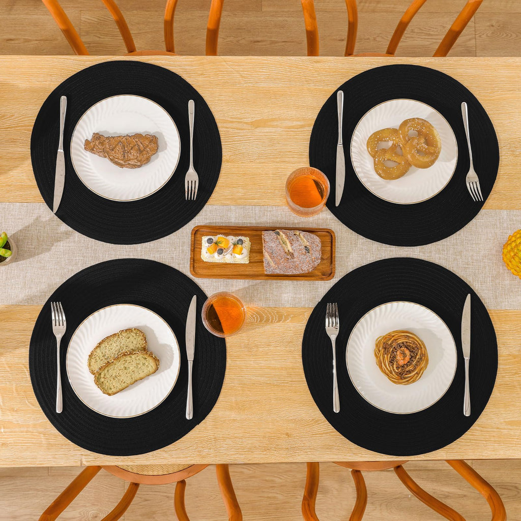 SHACOS Round Braided Placemats Set of 6 Washable Cotton Polyester Woven Round Table Mats 15 inch Heat Resistant (Black, 6)