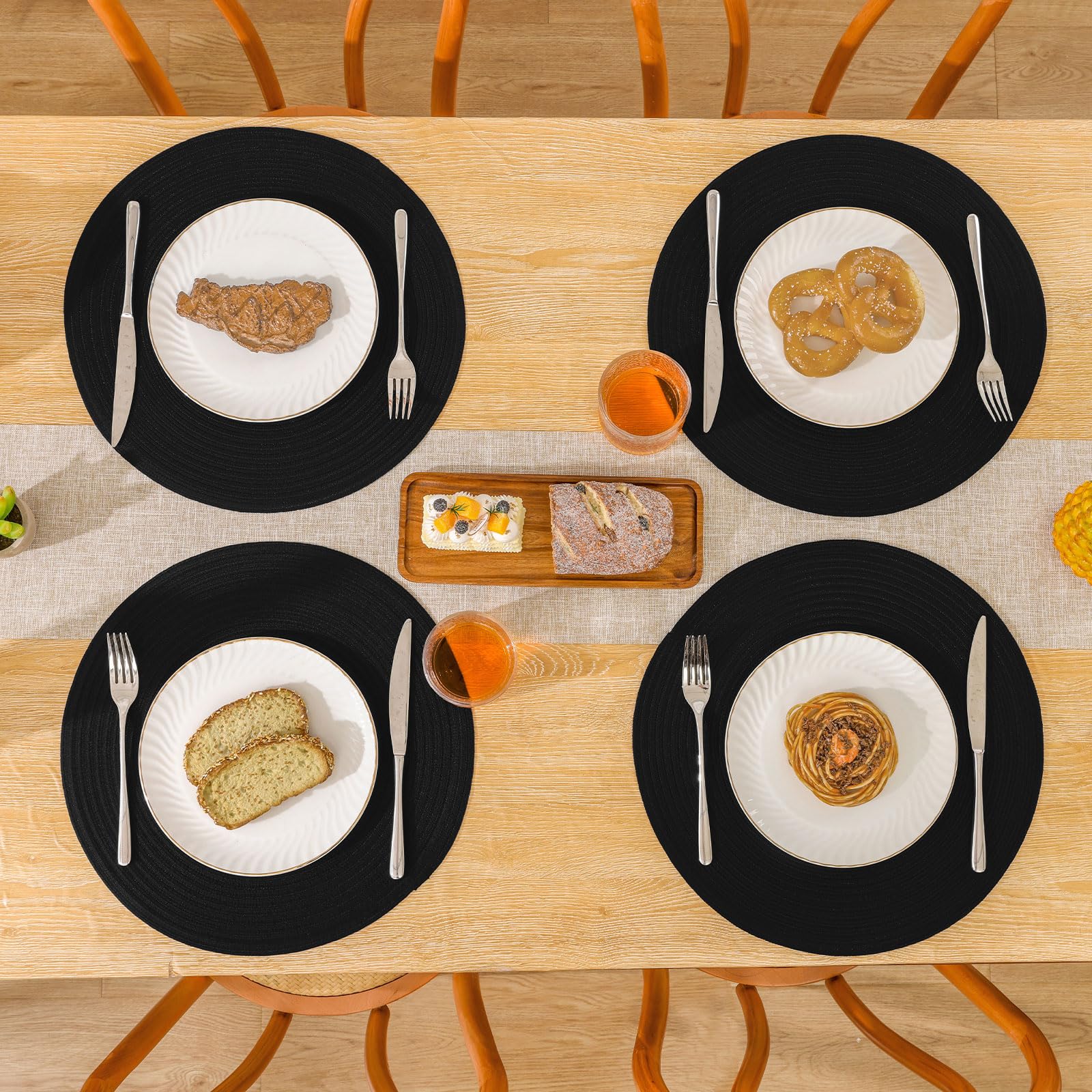 SHACOS Round Braided Placemats Set of 6 Washable Cotton Polyester Woven Round Table Mats 15 inch Heat Resistant (Black, 6)