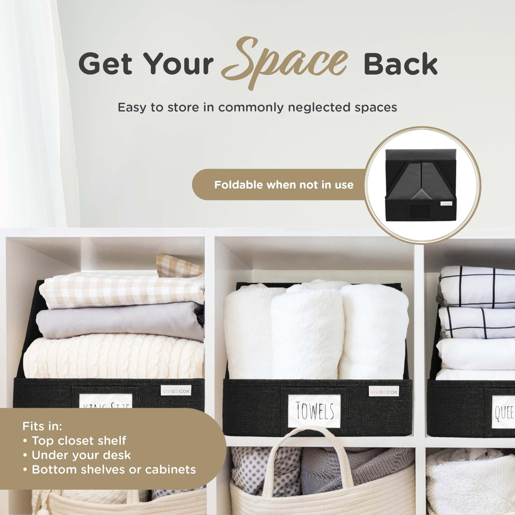 VIVIDECOR Trapezoid Closet Bins for Shelves – 12x12x10 Fabric Storage Baskets, Collapsible Organizer Boxes for Bedroom, Jeans, Sweaters– Black, 3 Pack