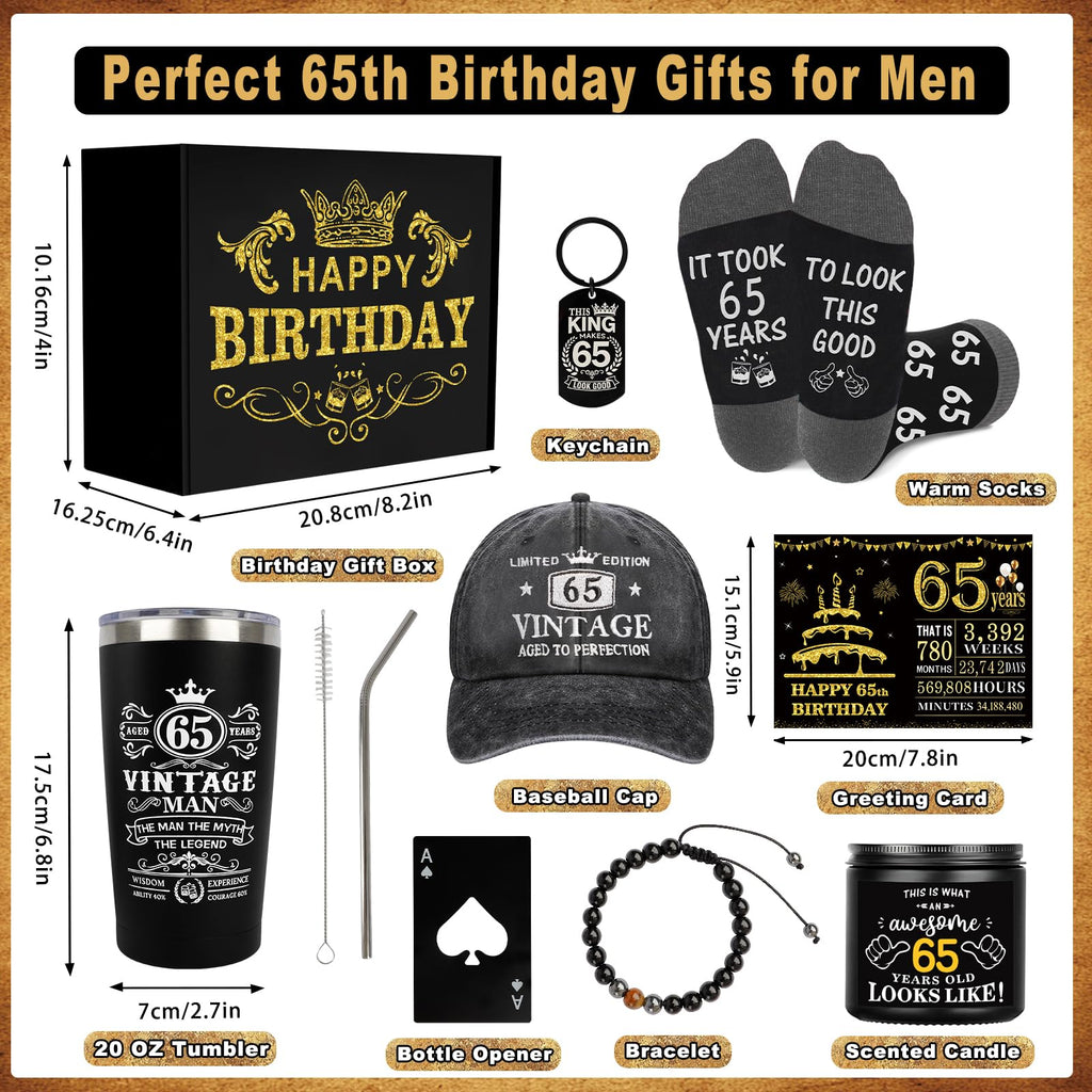 65th Birthday Gifts for Men - Unique Birthday Box with 20 Oz Tumbler, Baseball Cap, Socks, Bracelets, Happy 65th Birthday Decorations for Husband, Dad, Grandpa, Friends, Boss