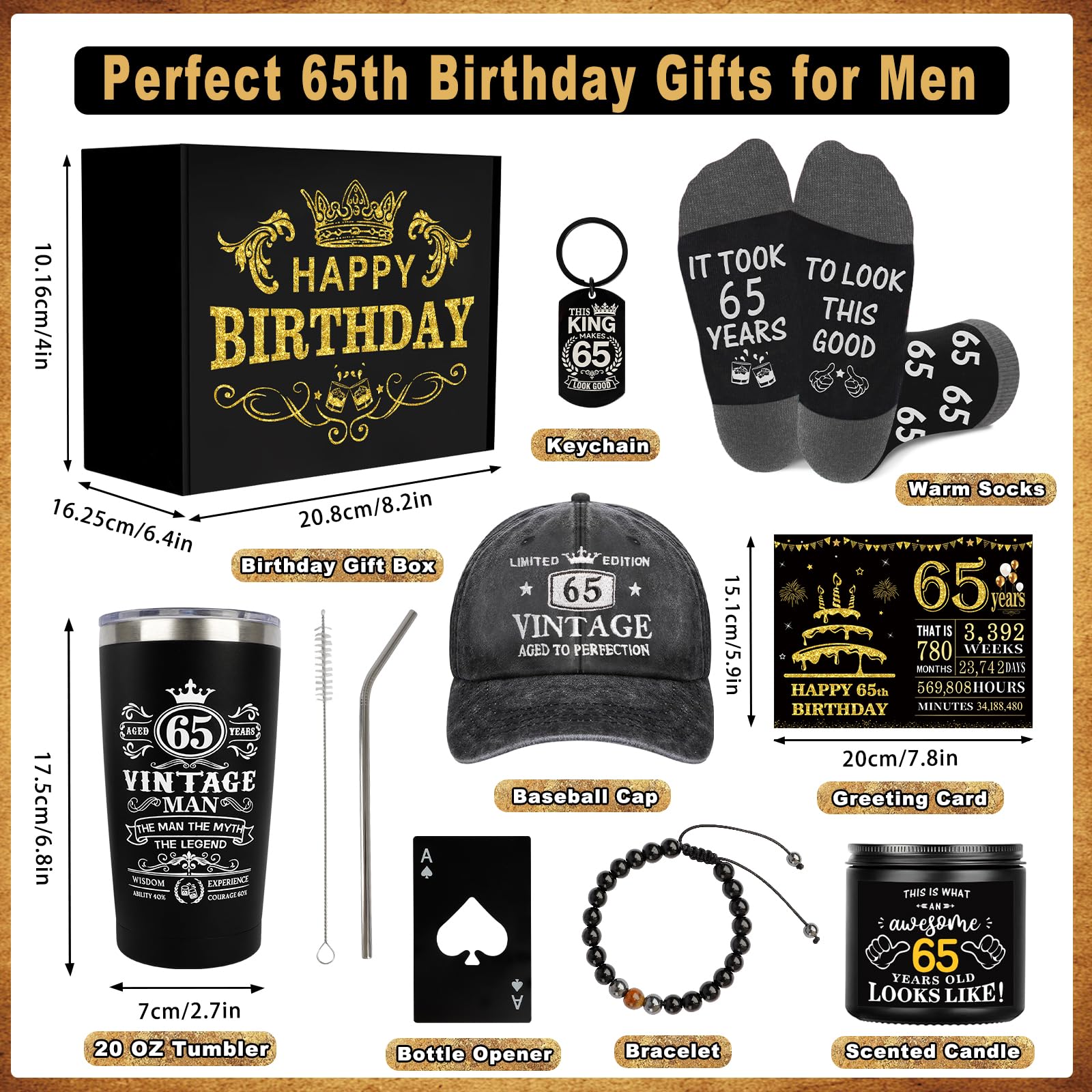 65th Birthday Gifts for Men - Unique Birthday Box with 20 Oz Tumbler, Baseball Cap, Socks, Bracelets, Happy 65th Birthday Decorations for Husband, Dad, Grandpa, Friends, Boss