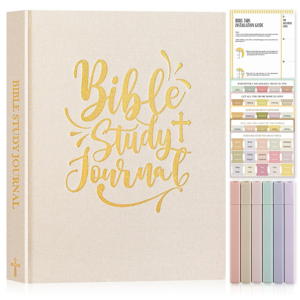 Lanpn Bible Study Guide Journals for Women with Tabs & Highlighters, Church Notes Taking Daily Devotional Journaling, Linen Bible Prayer Notebook Christian Religious Faith Based Gifts, Beige