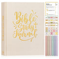 Lanpn Bible Study Guide Journals for Women with Tabs & Highlighters, Church Notes Taking Daily Devotional Journaling, Linen Bible Prayer Notebook Christian Religious Faith Based Gifts, Beige