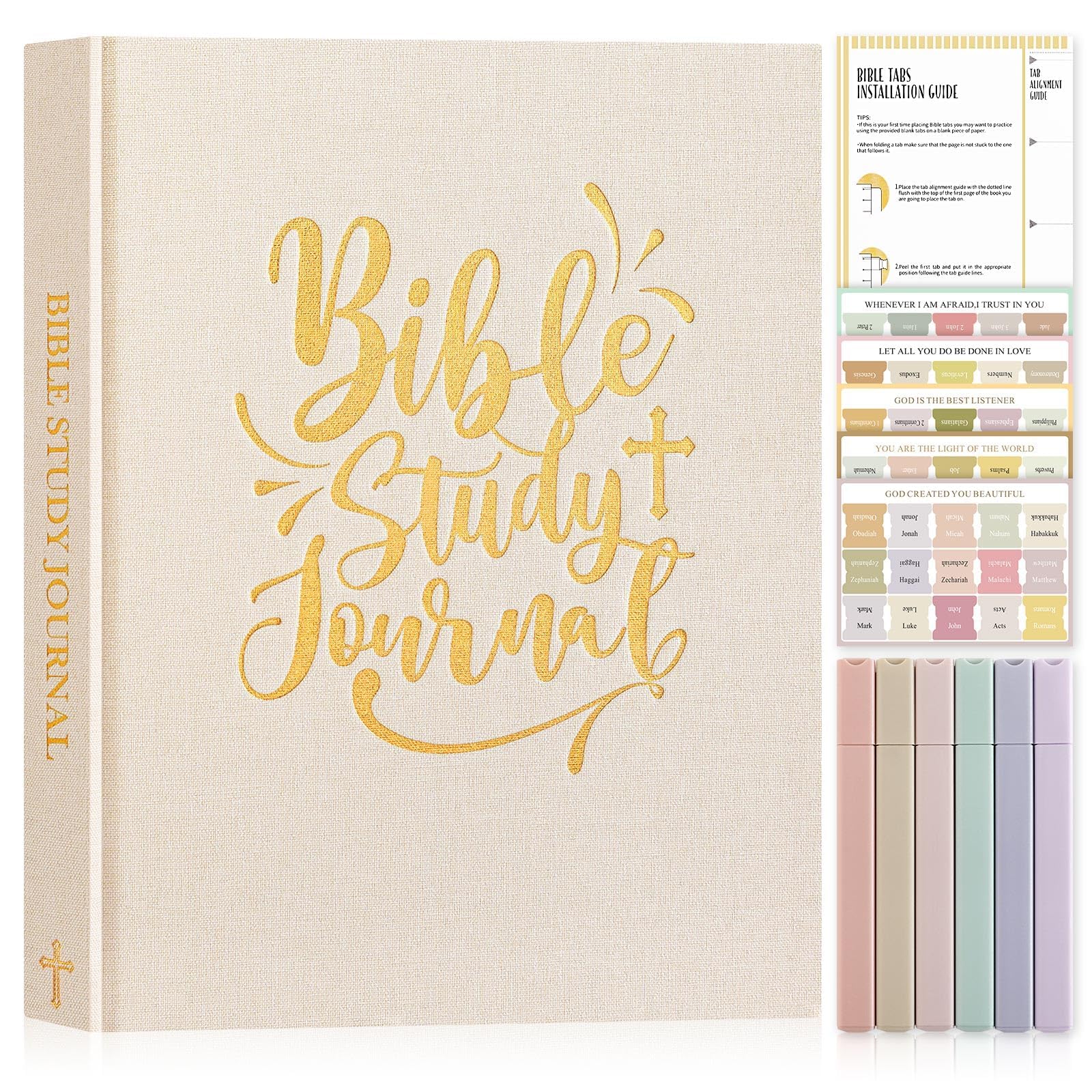 Lanpn Bible Study Guide Journals for Women with Tabs & Highlighters, Church Notes Taking Daily Devotional Journaling, Linen Bible Prayer Notebook Christian Religious Faith Based Gifts, Beige