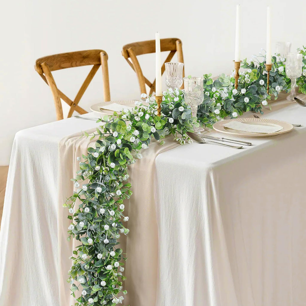 SOMYTING Artificial Eucalyptus Garland with White Flowers Artificial Greenery Garlands Fake Hanging Flower Garland Plant Artificial Vines for Wedding Backdrop Arch Wall Table Decor (4)