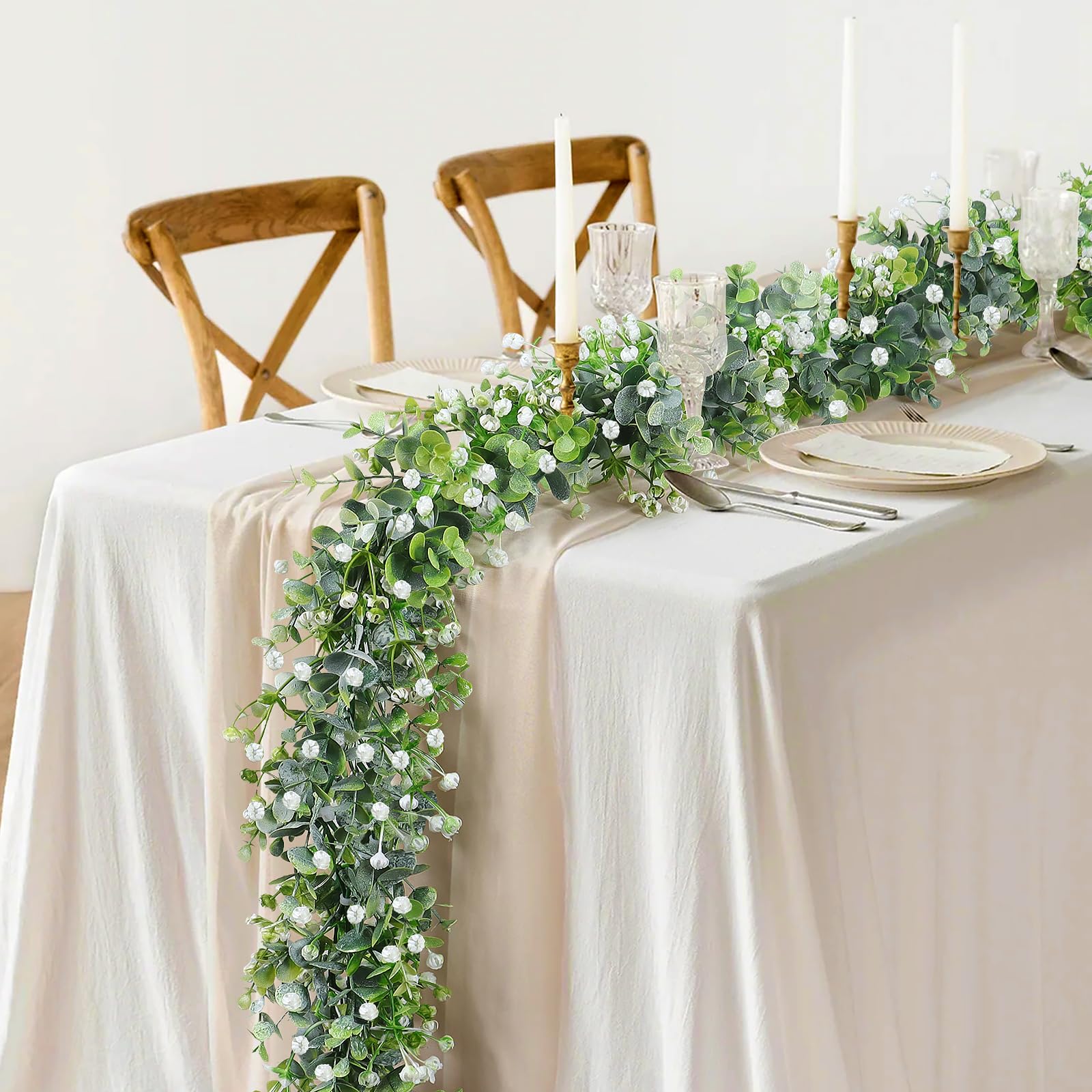SOMYTING Artificial Eucalyptus Garland with White Flowers Artificial Greenery Garlands Fake Hanging Flower Garland Plant Artificial Vines for Wedding Backdrop Arch Wall Table Decor (4)