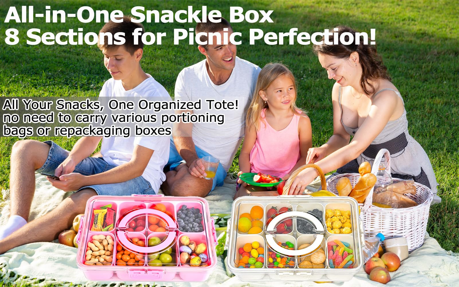KIGITIONE 2 Pack Snackle Box Container, 8 Compartments Snack Box, Portable Serving Tray with Lid and Foldable Handle, Snack Organizer for Fruits, Snacks, Nuts, Veggies, Ideal for Travel & Picnics