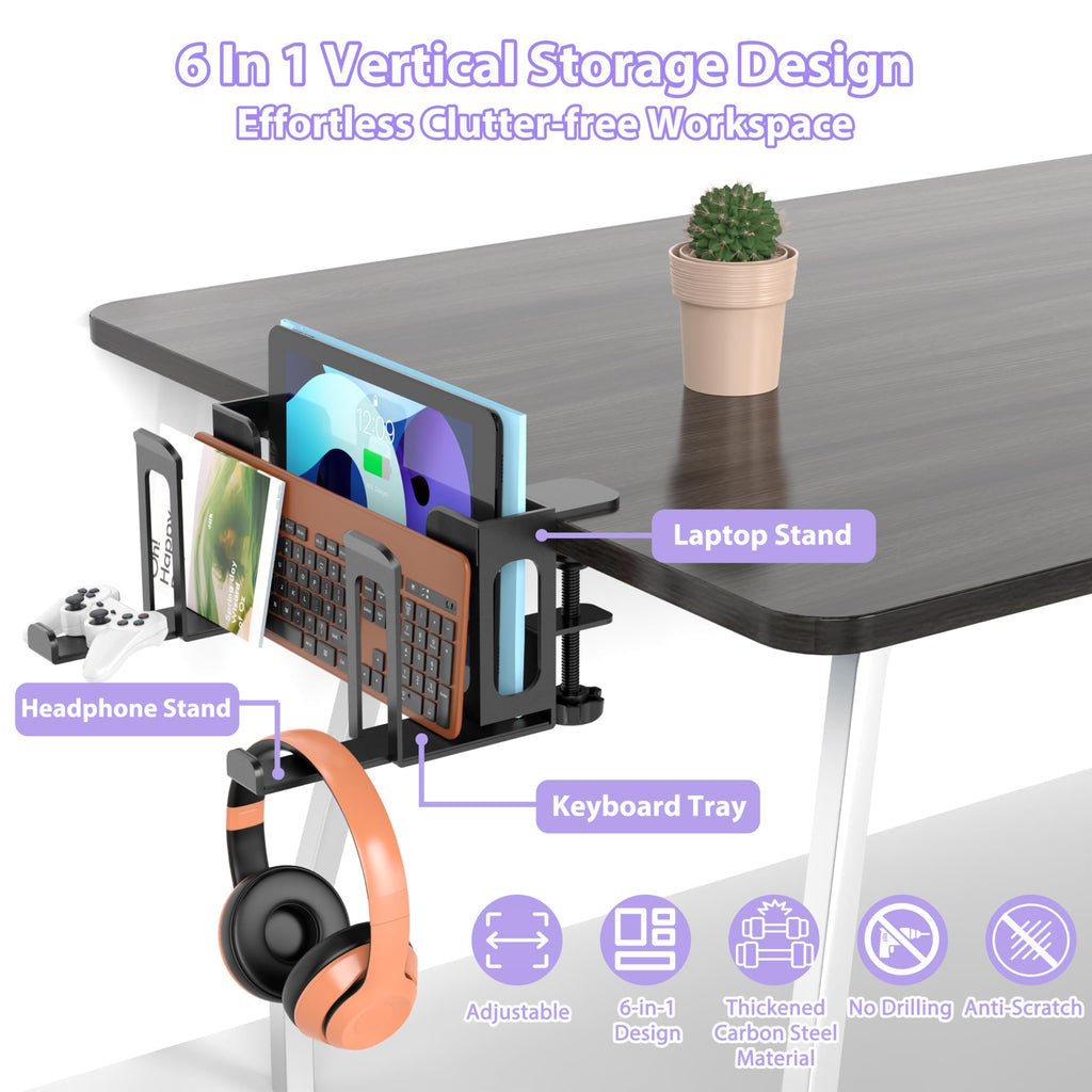 ROLIZOE 6 in 1 Adjustable Under Desk Laptop Holder with Keyboard Tray & Headphone Stand No Drilling Clamp On Magazine File Holder Vertical Laptop Stand Desk Side Storage Fits Up to 4.5cm Table Thick