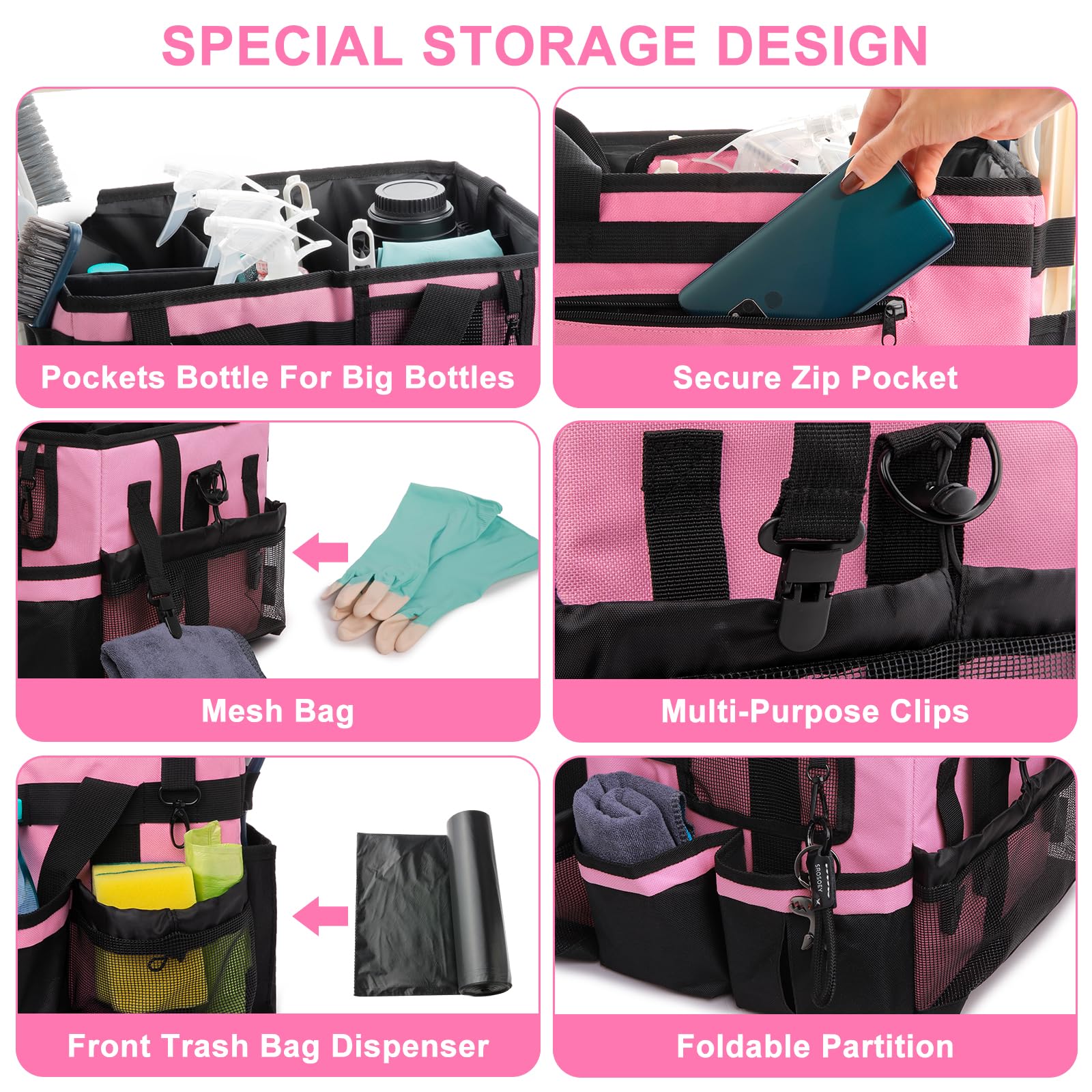 Large Cleaning Caddy Bag With 4 Foldable Dividers Cleaning Organizer with Detachable Divider Cleaning Supplies Organizer with Adjustable Shoulder Strap&Wais for Cleaners & Housekeeper(Black-pink)