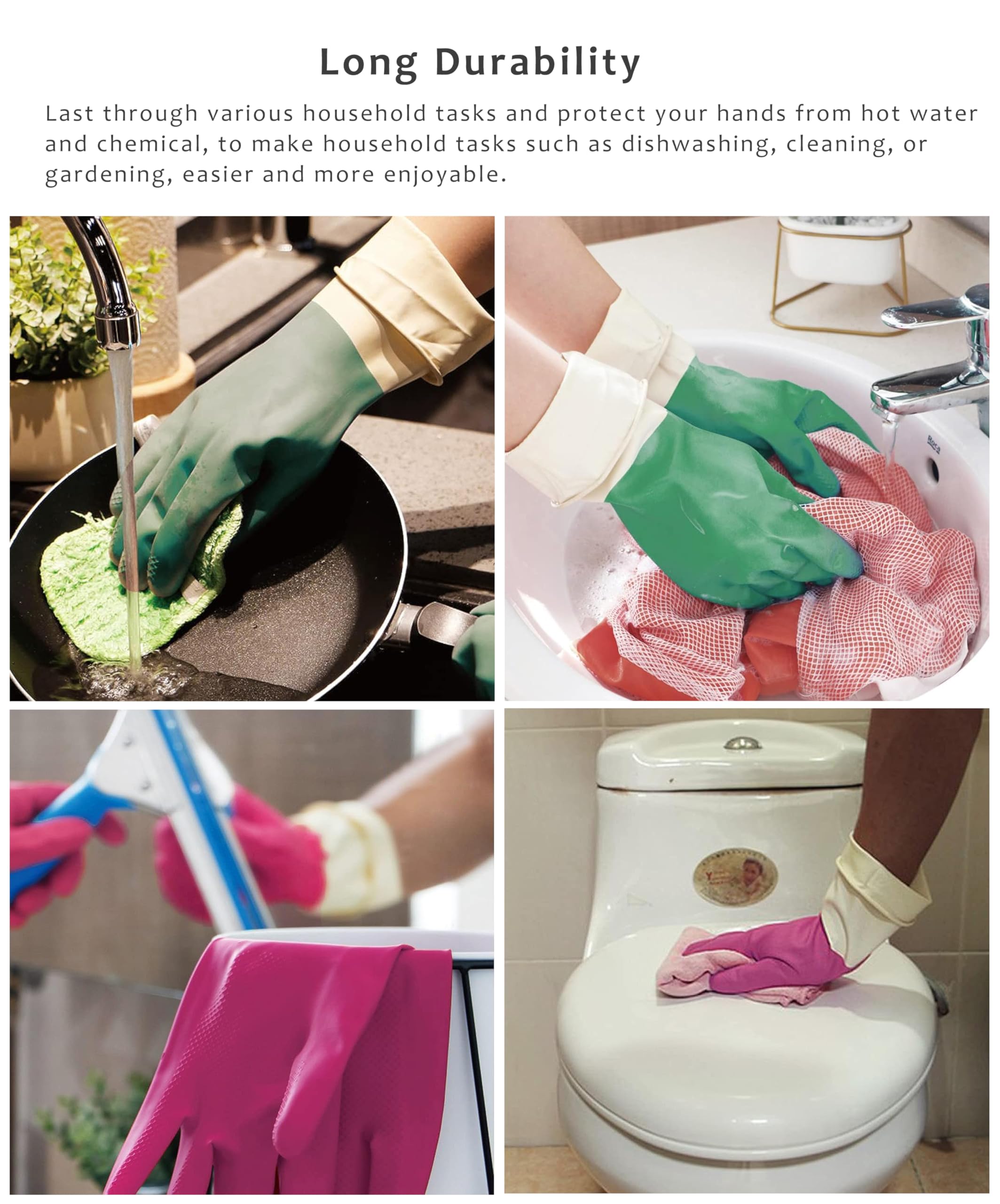 PowerPeak Dishwashing Gloves 6 Pairs Rubber Household Cleaning Reusable Heavy Duty Waterproof Long Cuffs Gloves Medium M Size