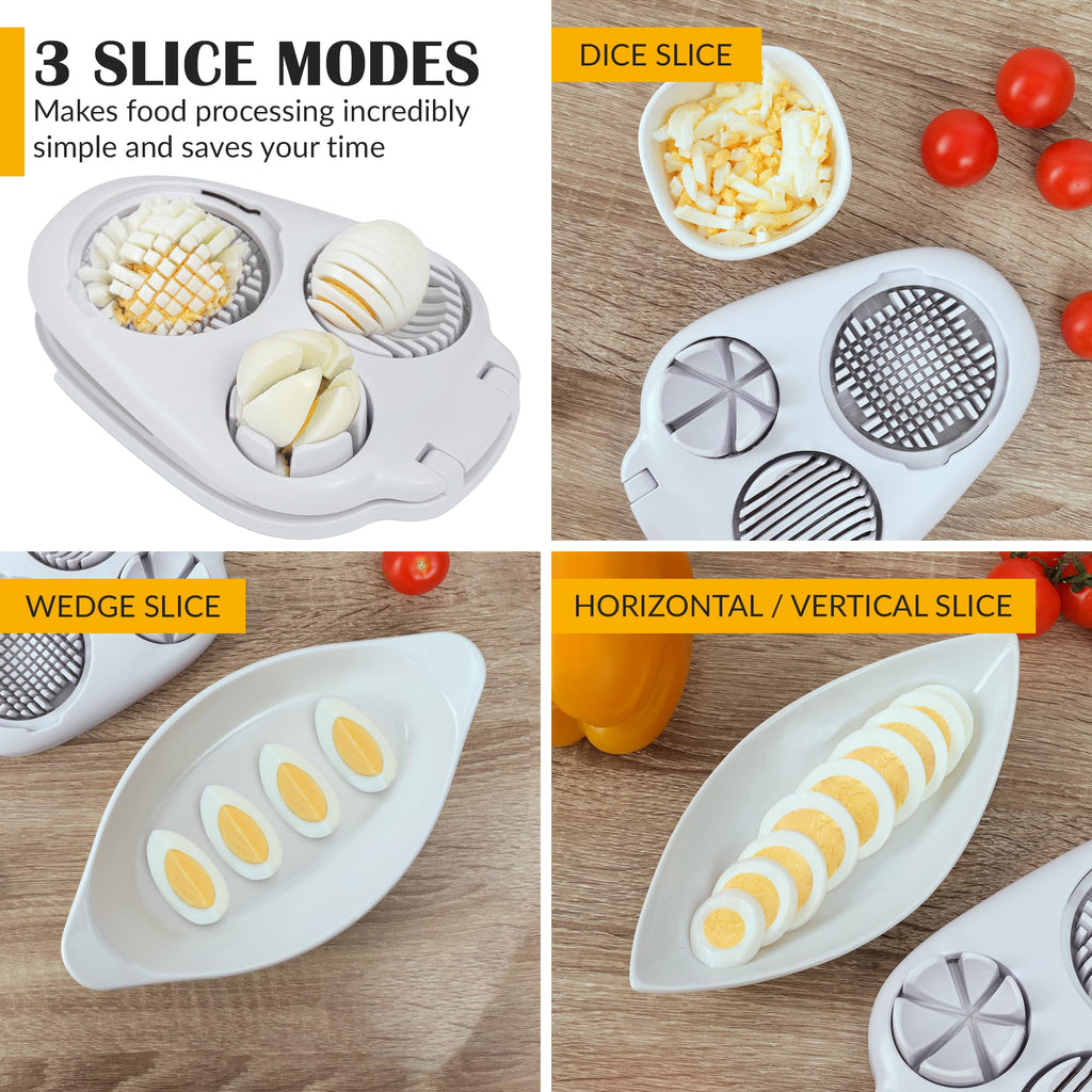 CraftyCrocodile Egg Slicer for Hard Boiled Eggs - 3 Slice Modes Egg Cutter, Heavy Duty, Stainless Steel Dicer - Hand Chopper Kitchen Tool for Strawberry, Mushroom, Grape, Cherry Tomato - White