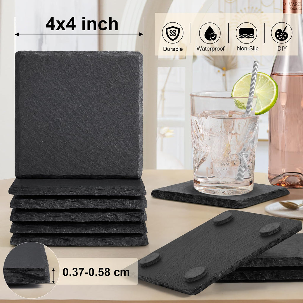 Slate Coasters, MAPRIAL 4 Inch 12 Pieces Square Rustic Black Stone Coasters Set for Drinks with Anti-Scratch Backing for Bar, Table, Kitchen, Housewarming Gifts, Home, Decor