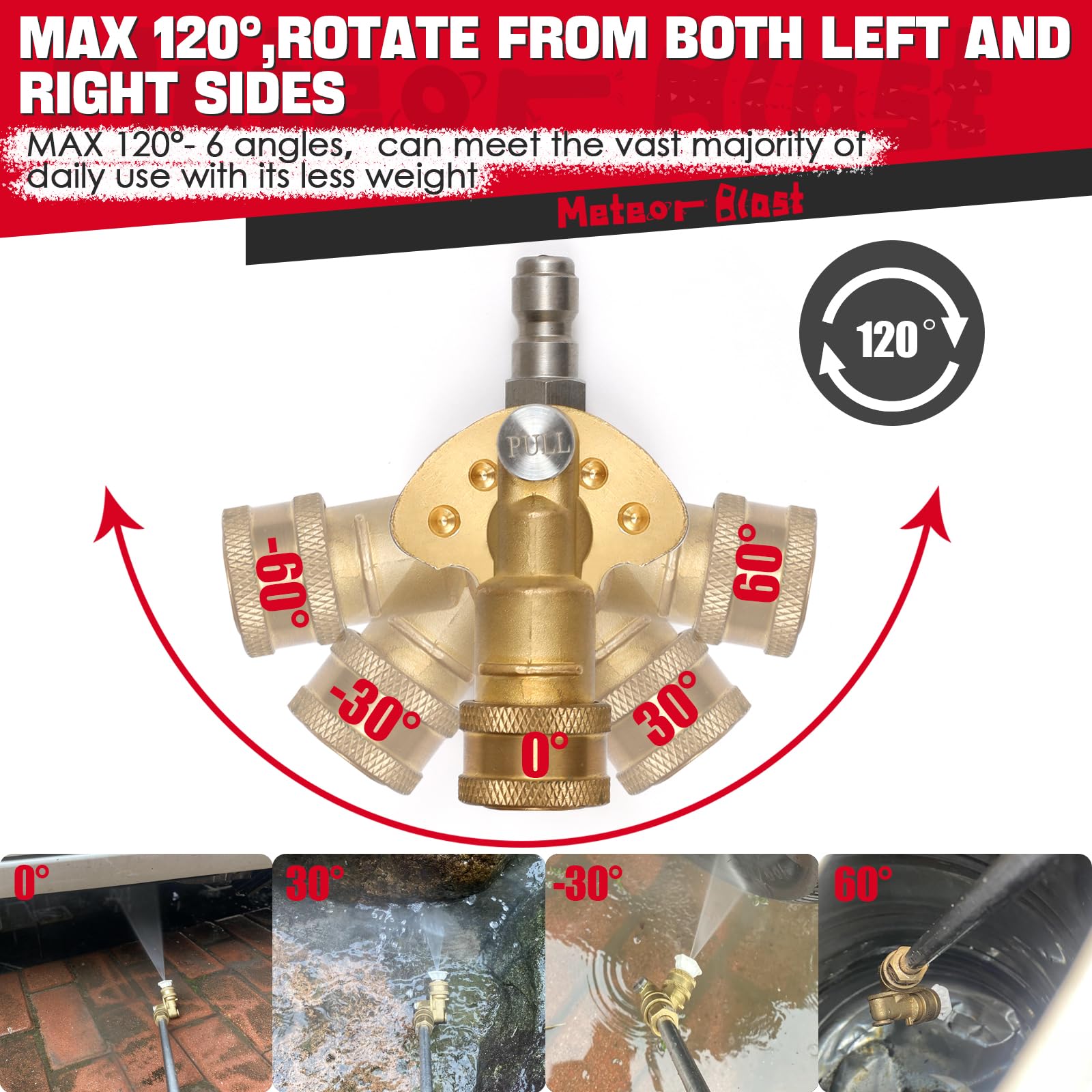 Meteor Blast Quick Connecting Pivoting Coupler Attachment 120 Degree with 5 Angles and Safety Lock for Pressure Washer Spray Nozzle, Cleaning Hard to Reach Area Max 5000 PSI 1/4 Inch Plug