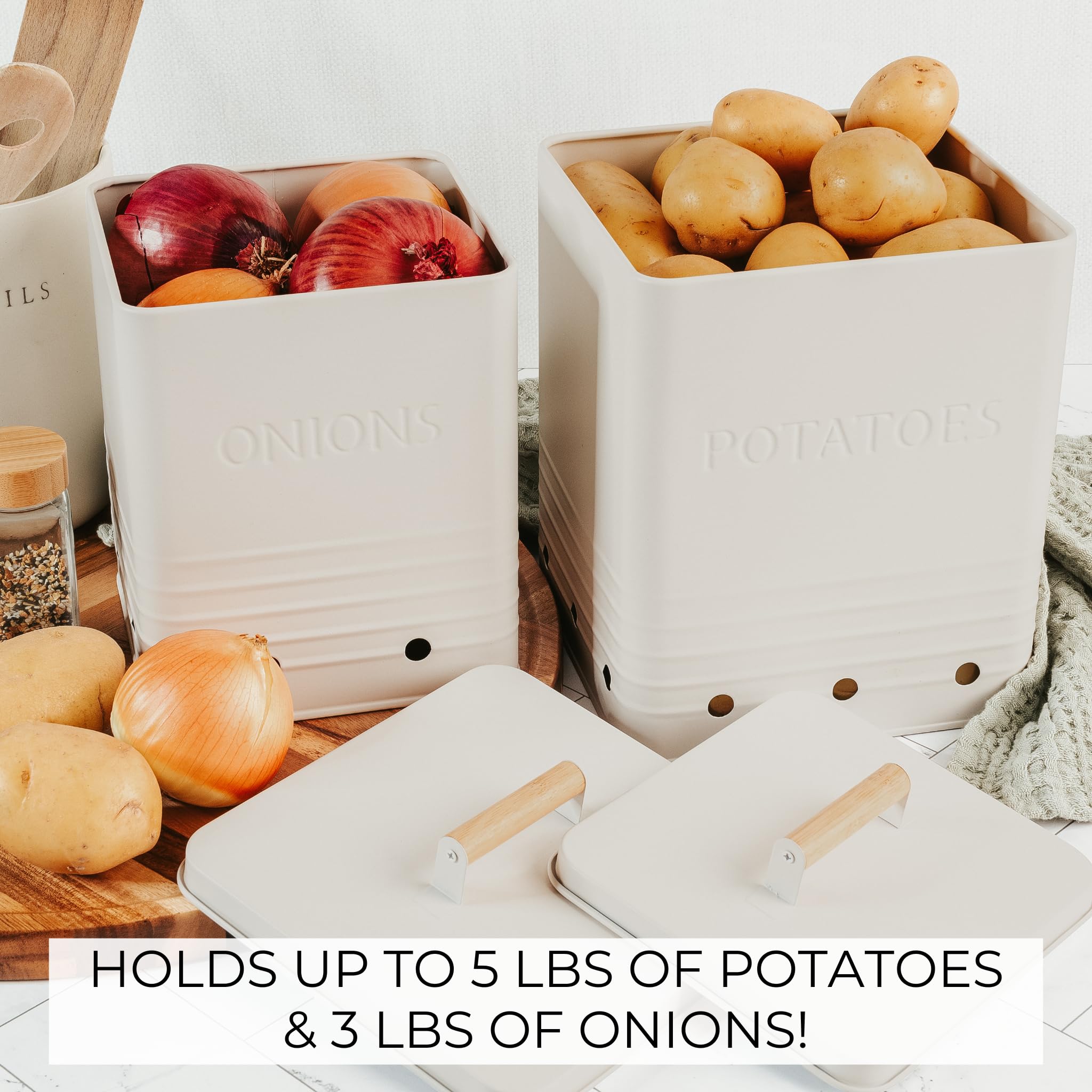 ZICOTO Beautiful Potato Storage Box Set of 2 For Kitchen Countertop - Perfect Storage Containers For Onion, Garlic, Vegetable - Food Safe Metal Holder Bin Set For Fruits