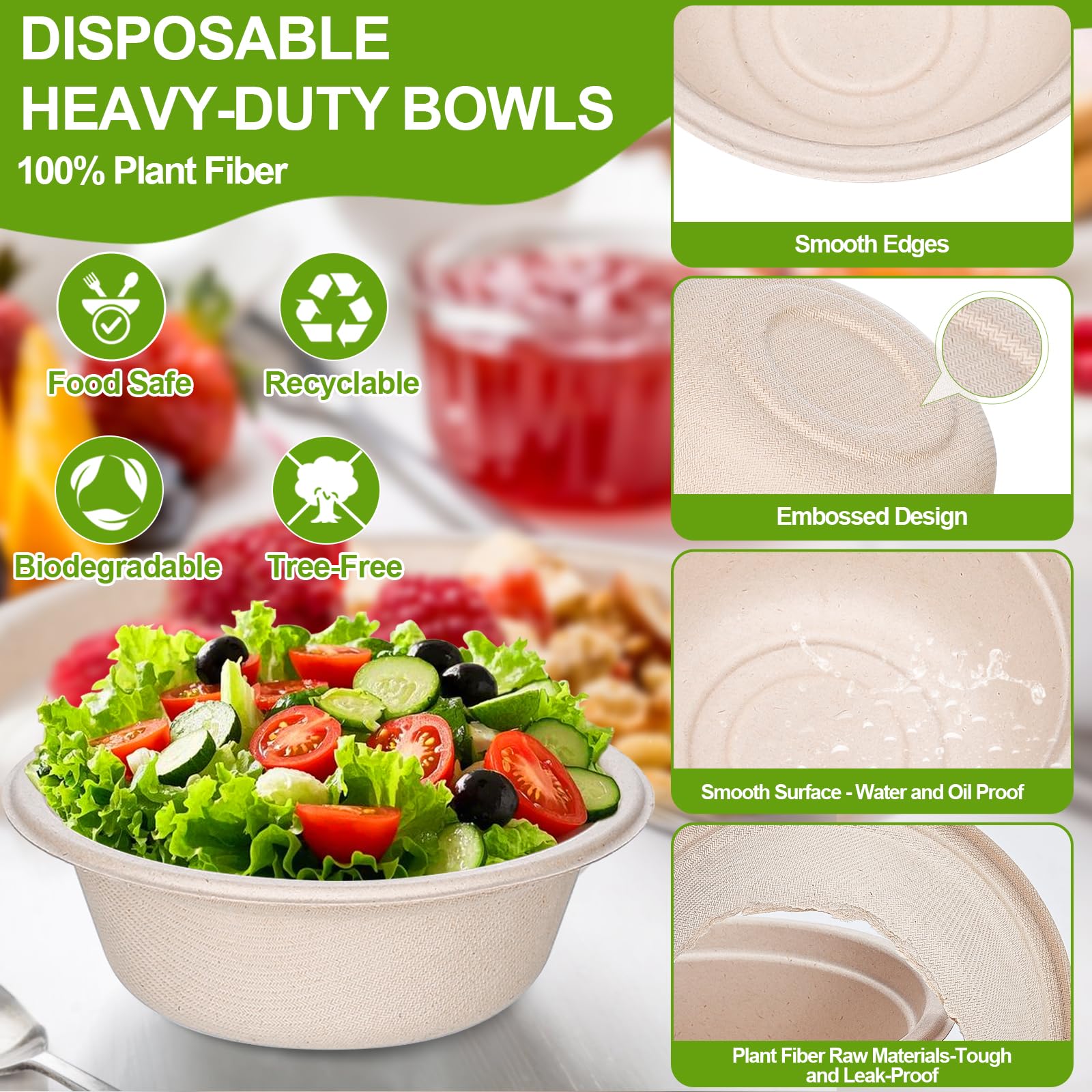 150 Pack 12 OZ Paper Bowls, Compostable Biodegradable Disposable Soup Bowls Bulk Heavy-Duty Round Eco-Friendly Sugarcane Bowls Hot Cold Food Serving Plates and Bowl for Salad, Dessert, Chili for Party