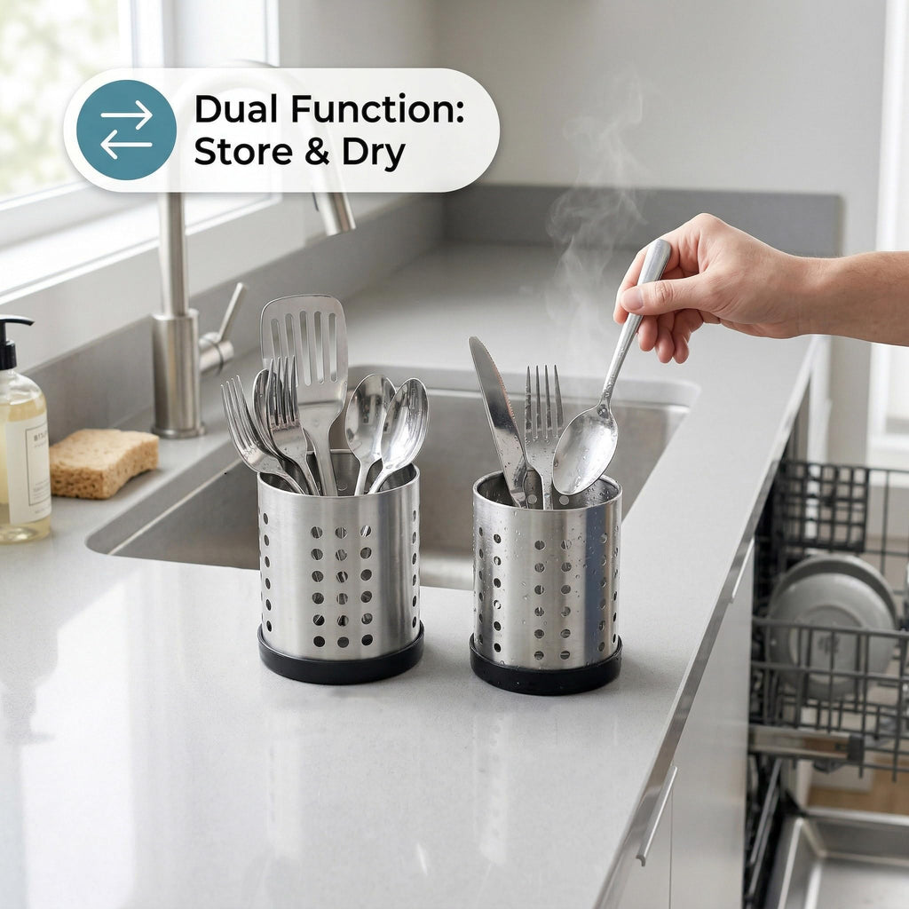 TOPZEA Set of 4 Kitchen Utensil Holder, Stainless Steel Cooking Utensil Organizer Kitchen Tools Flatware Holder Utensil Drying Cylinder Countertop Silverware Caddy