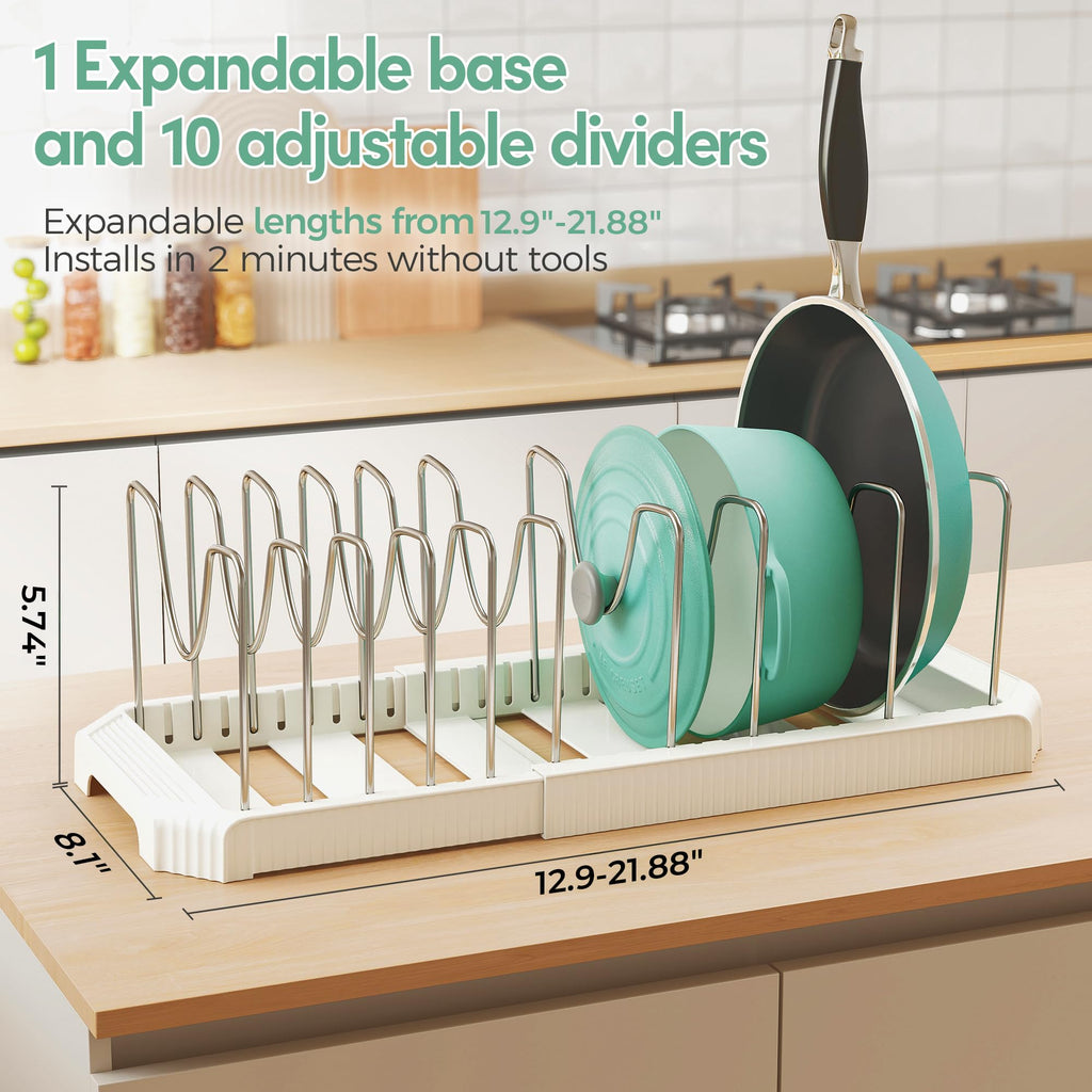 Pots and Pans Organizer for Under Cabinet, Expandable Pan Pot Organizers Inside Cabinet, Pot Rack for Kitchen Organizers and Storage Holder with Adjustable Compartment