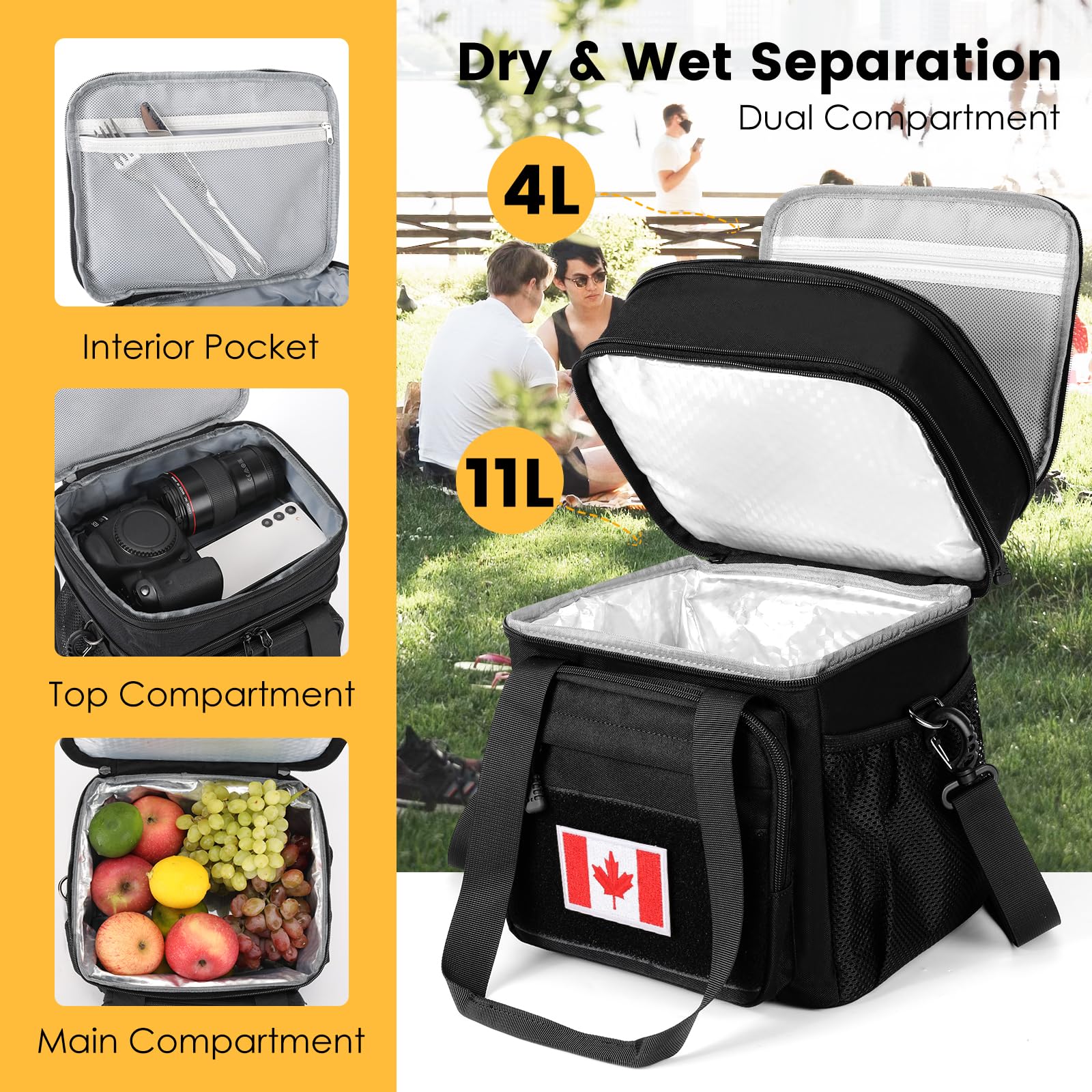 Large Expandable Tactical Lunch Bag for Men, Durable Insulated Leakproof Lunch Box, Heavy Duty Cooler Bag for Work Outdoor Picnic Travel Office Adults, Black, 15L