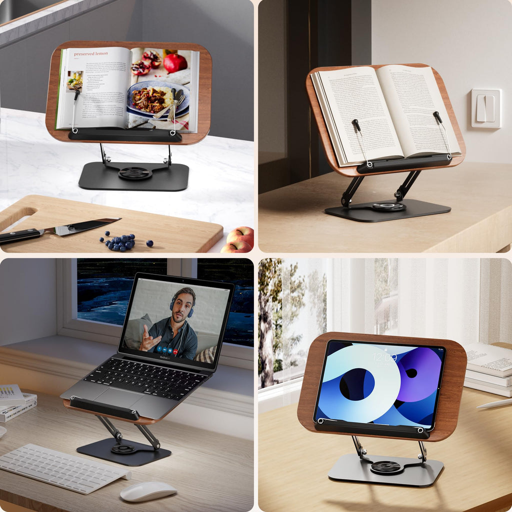 SupeDesk Book Stand for Reading, Adjustable Book Holder with 360° Rotating Bases, Foldable Designs, and Elastic Clips, Multifunctional Display Stand for Recipe, Cookbooks, Tablets, Laptops