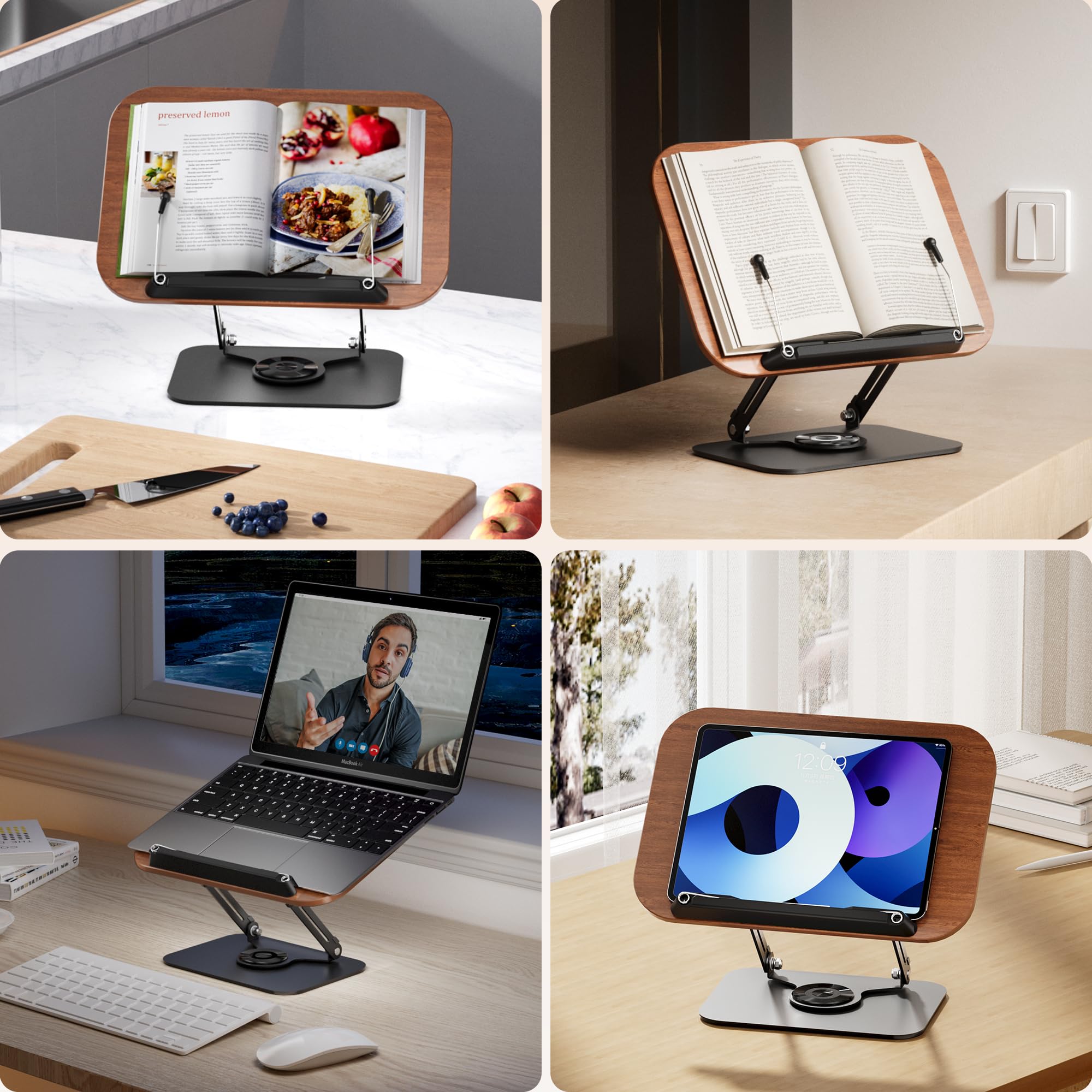 SupeDesk Book Stand for Reading, Adjustable Book Holder with 360° Rotating Bases, Foldable Designs, and Elastic Clips, Multifunctional Display Stand for Recipe, Cookbooks, Tablets, Laptops