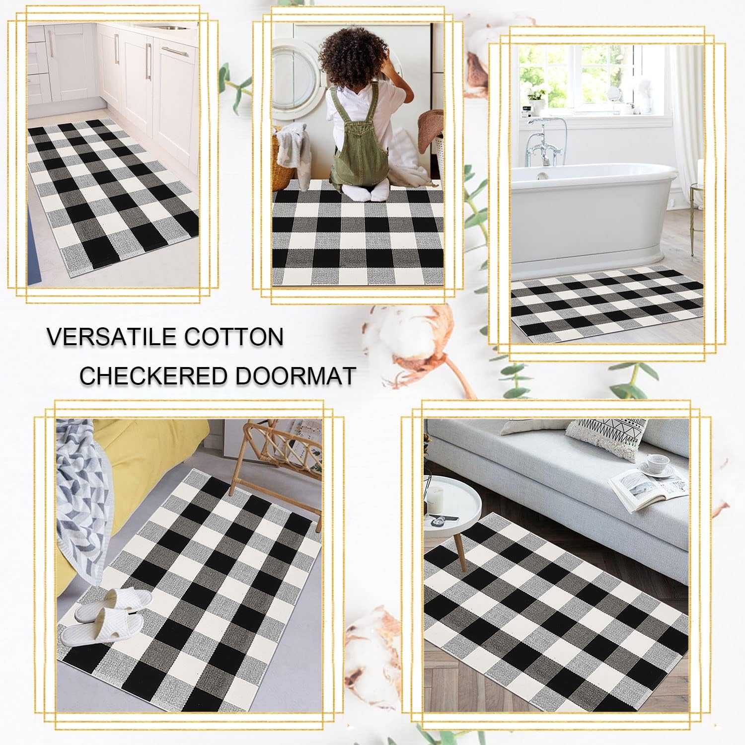 Cekene Buffalo Plaid Outdoor Checkered Rug 2x4.2ft Buffalo Plaid Rug Cotton Woven Washable Front Door Mat Indoor Rugs for Entrance Front Porch Patio