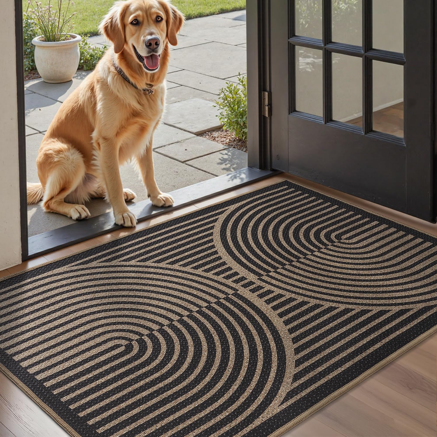 Front Door Mat Indoor Outdoor Mat for Entrance Mat Easy-Jute Entryway Mat-Mud Trapper Absorbent Low-Profile Fall Door Mats Entry Rug Arched Black 43x75cm