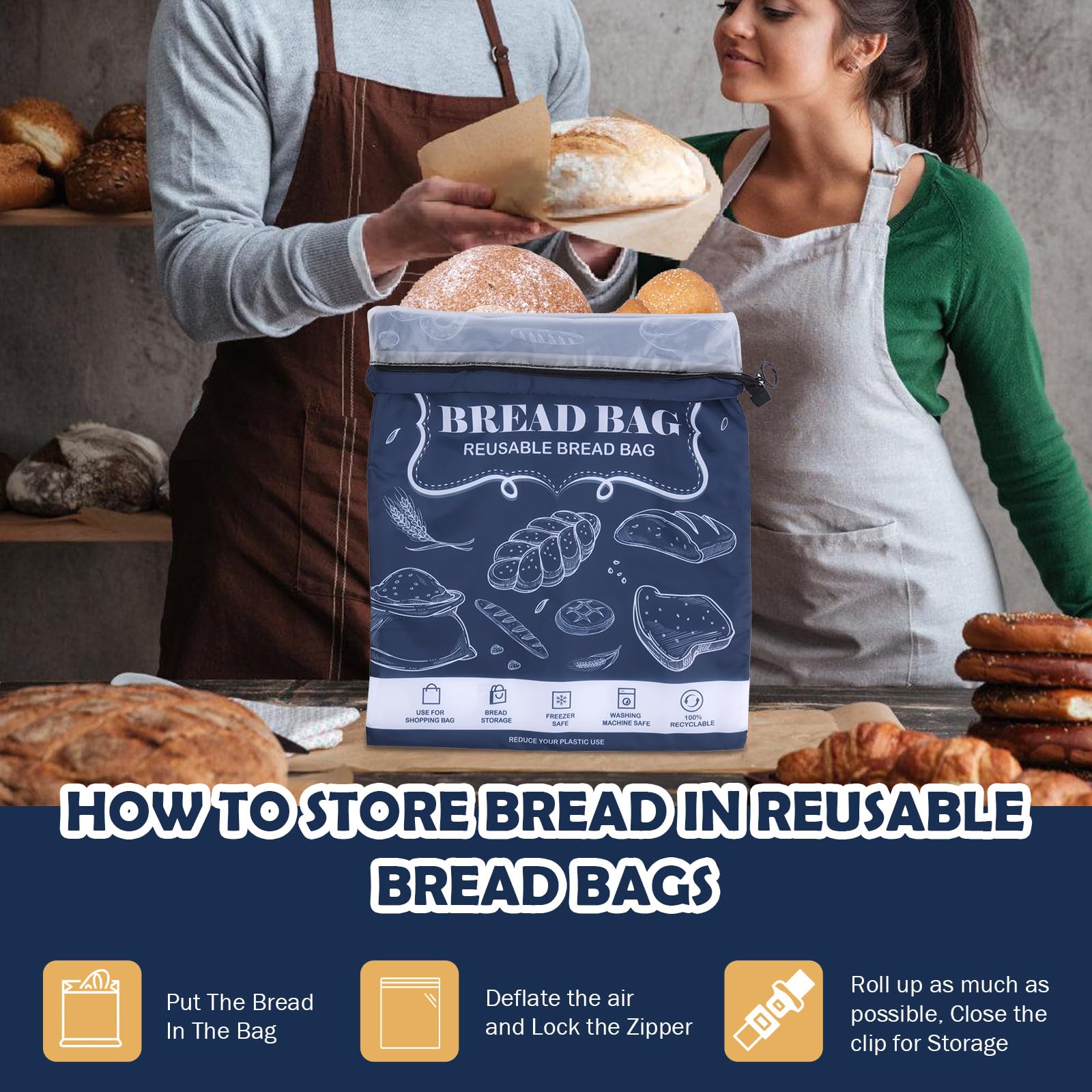 Bread Bags, 2 Packs Bread Bags for Homemade Bread, Reusable Sourdough Storage Bag With Zipper, Large Freezer Container to Keep Bread Fresh (Black, L)