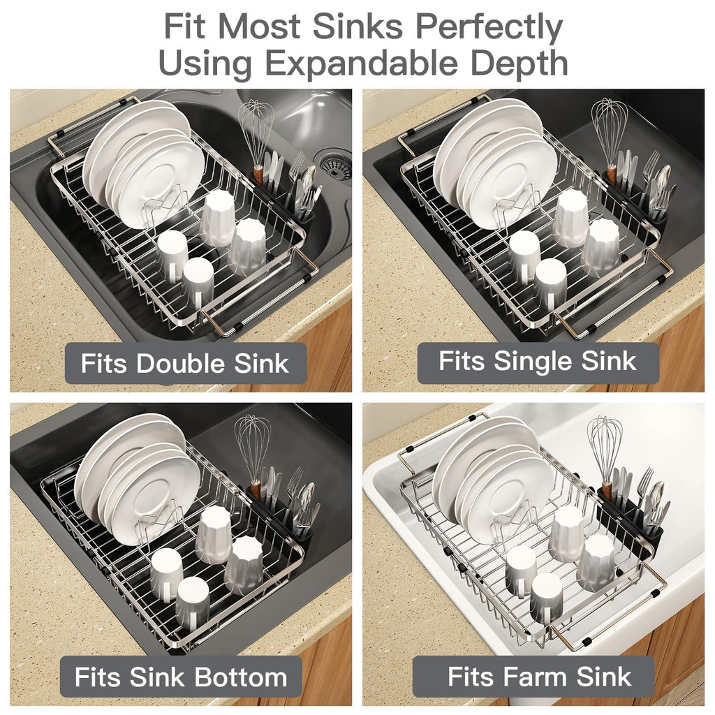 MAJALiS Dish Drying Rack in Sink, Expandable Stainless Steel Over Sink Dish Rack, Adjustable Capacity Dish Strainers for Kitchen Sink Counter with Utensil Holder, Silver