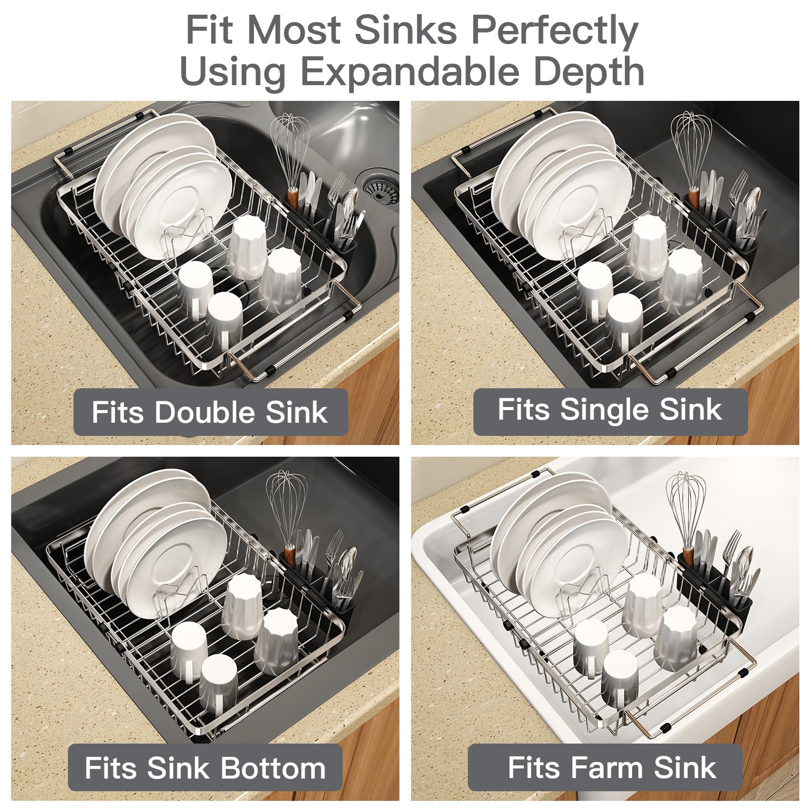 MAJALiS Dish Drying Rack in Sink, Expandable Stainless Steel Over Sink Dish Rack, Adjustable Capacity Dish Strainers for Kitchen Sink Counter with Utensil Holder, Silver