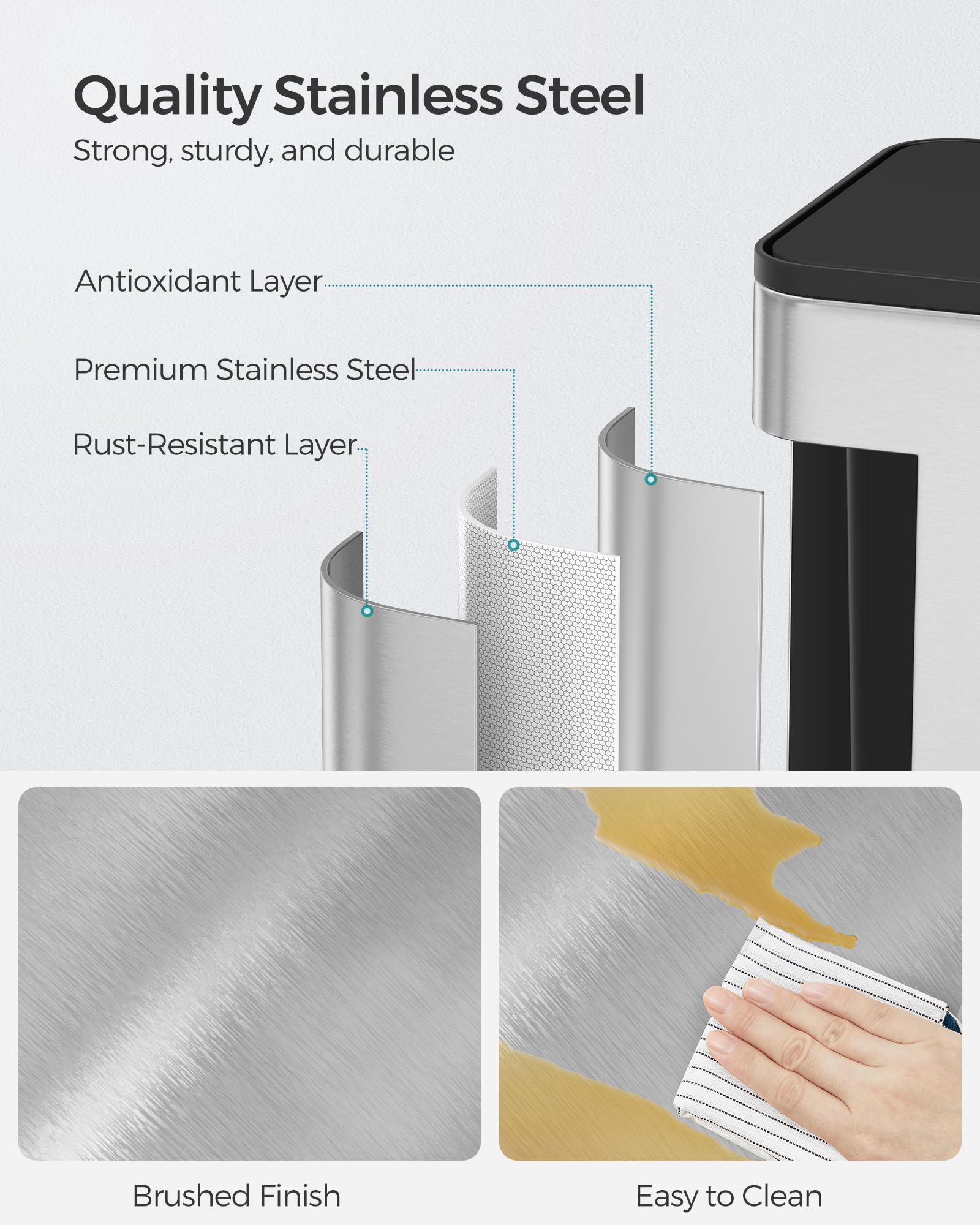 SONGMICS Hanging Trash Can, 2.1-Gallon (8 L) Kitchen Garbage Can with Lid, Cabinet Door Hanging or Wall-Mounted with Hooks, for Under Sink, Bathrooms, Metallic Silver ULTB810E08